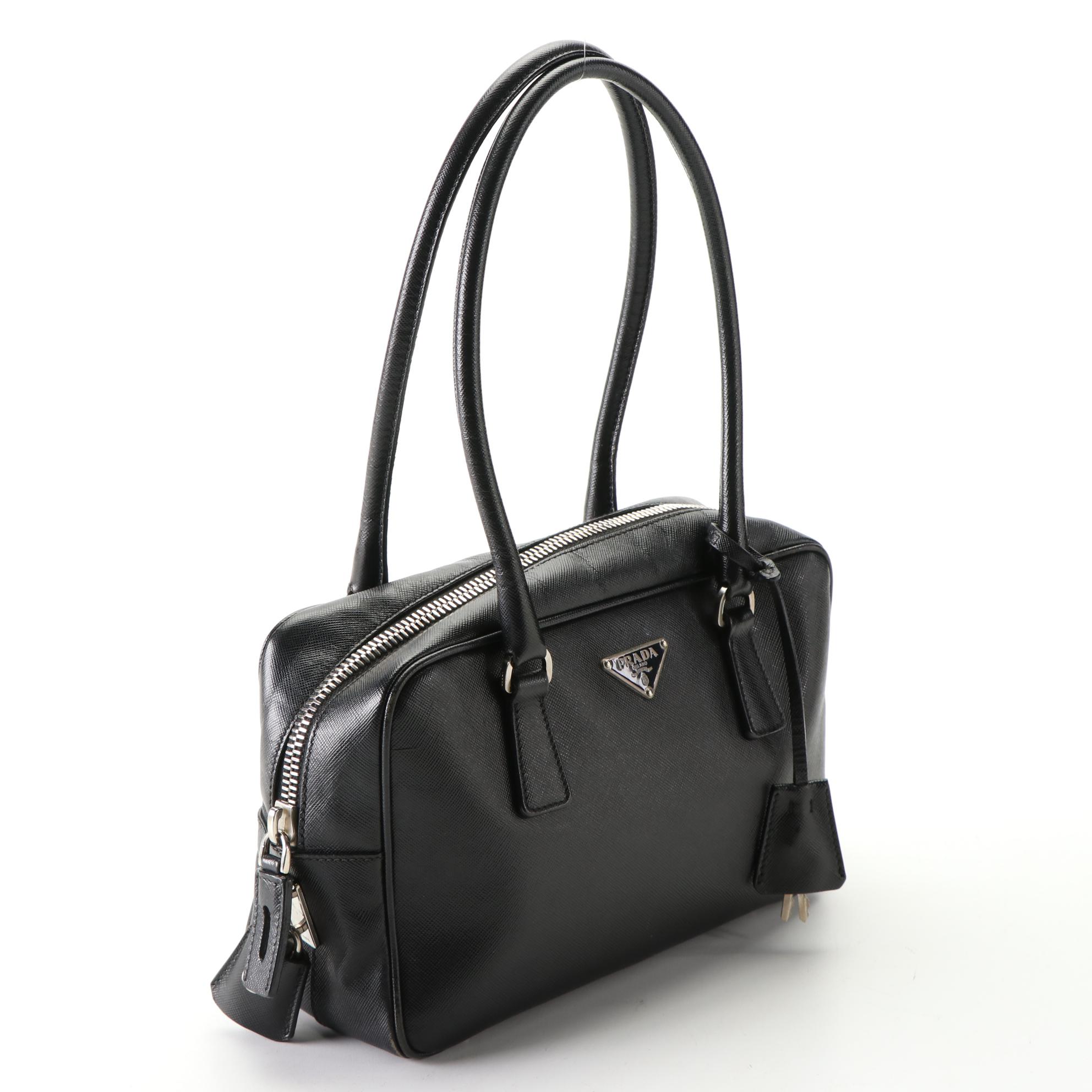Prada Bauletto Locking Bag in Black Saffiano Leather