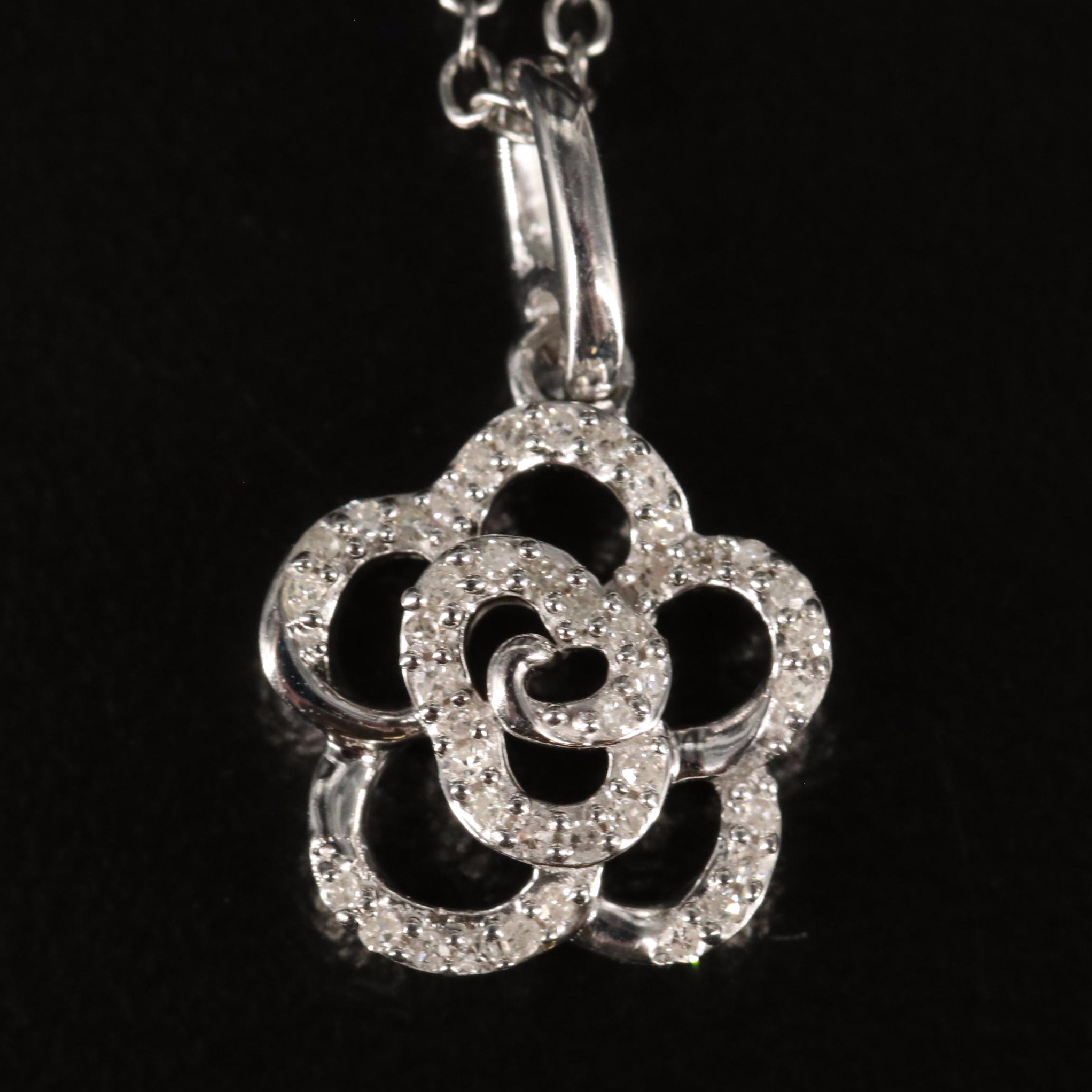 Sterling Diamond Flower Pendant Necklace