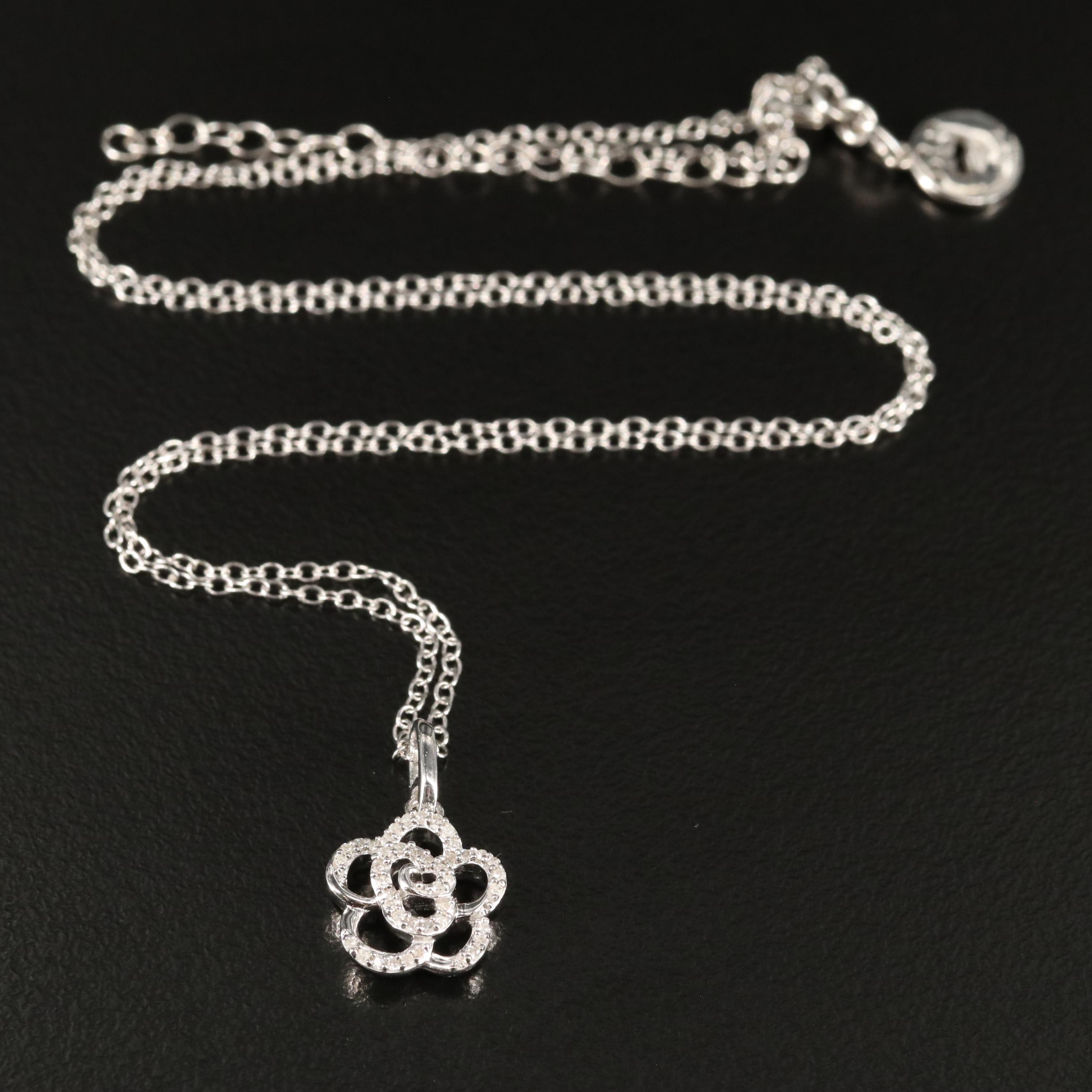 Sterling Diamond Flower Pendant Necklace