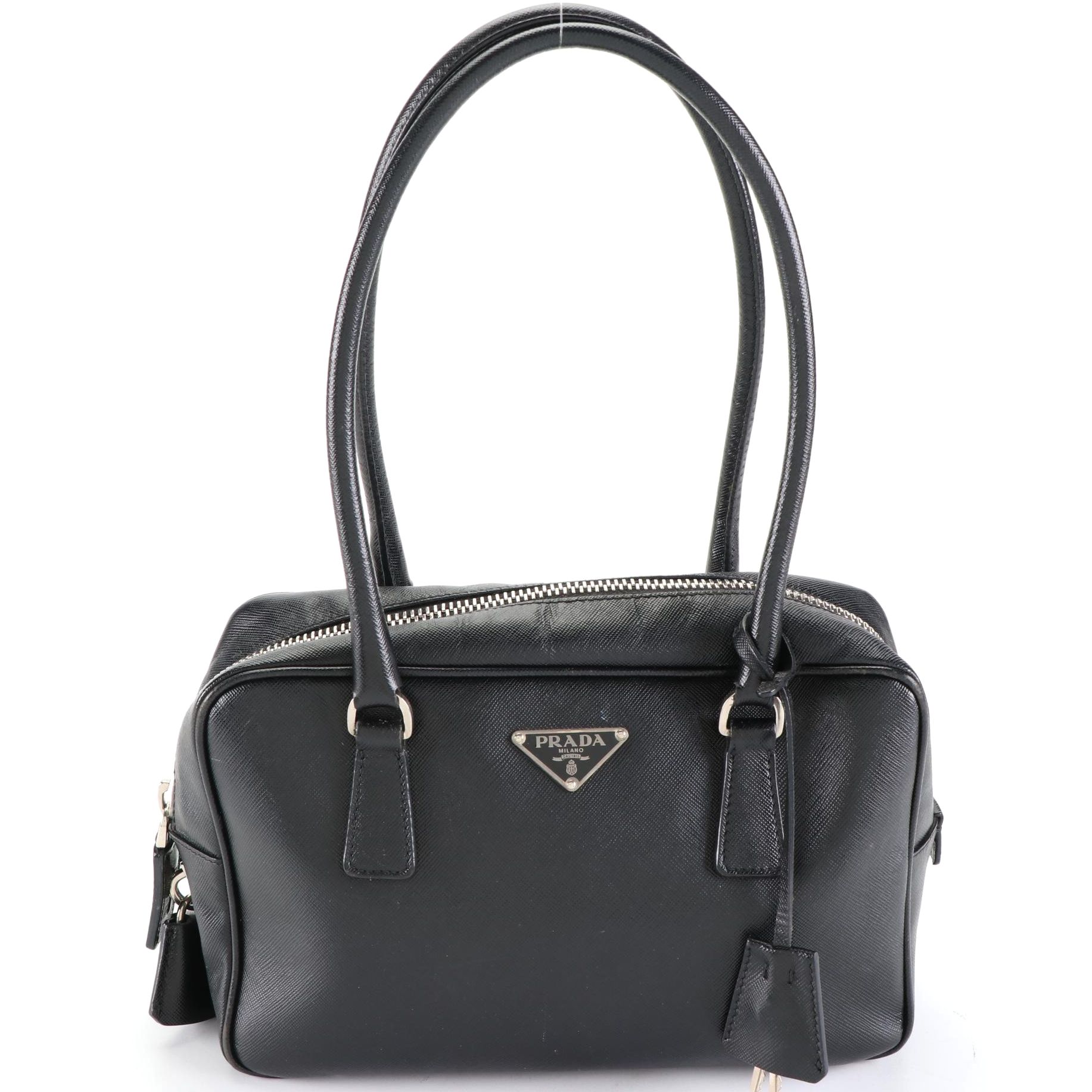 Prada Bauletto Locking Bag in Black Saffiano Leather