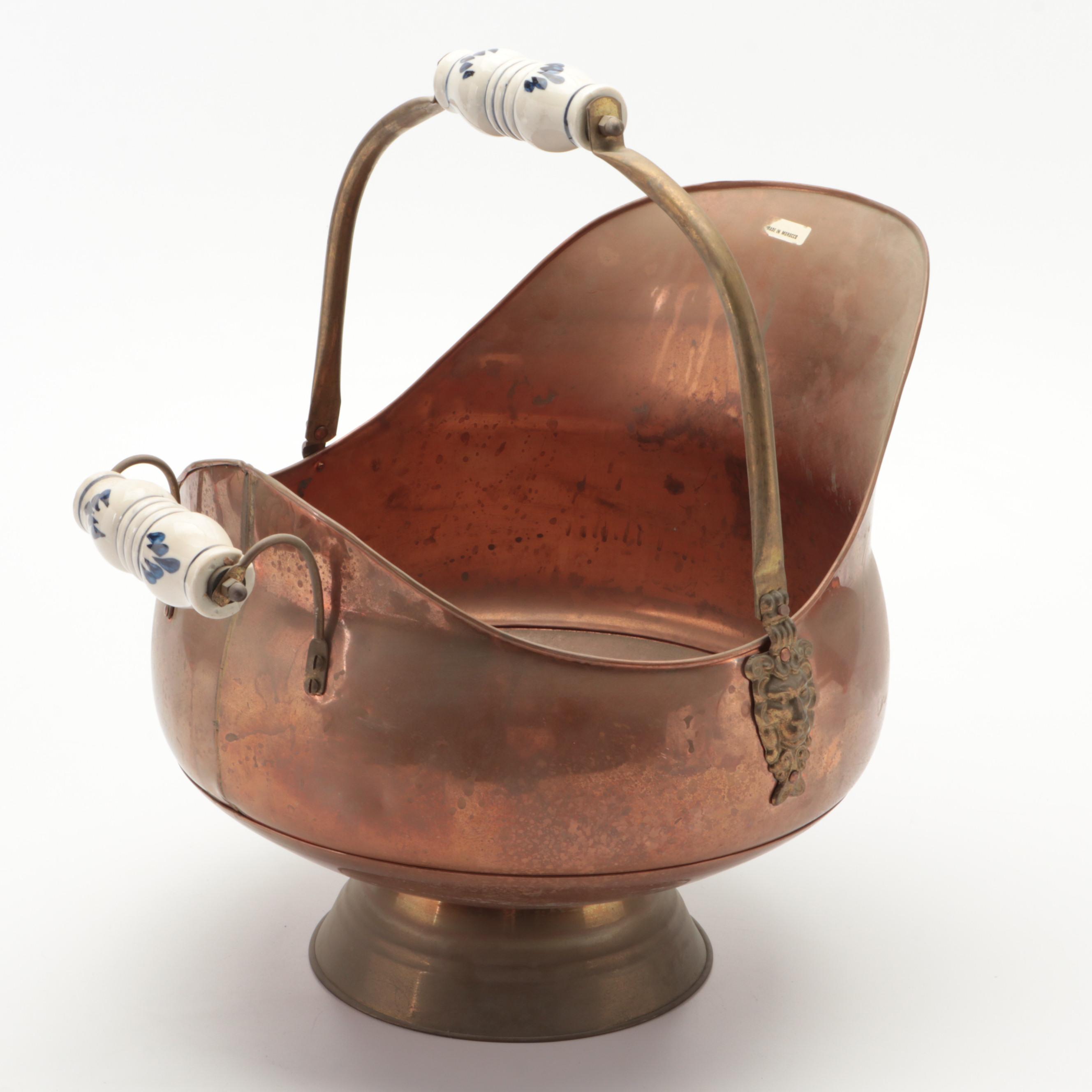 Moroccan Copper and Brass Hearth Bucket with Porcelain Handles