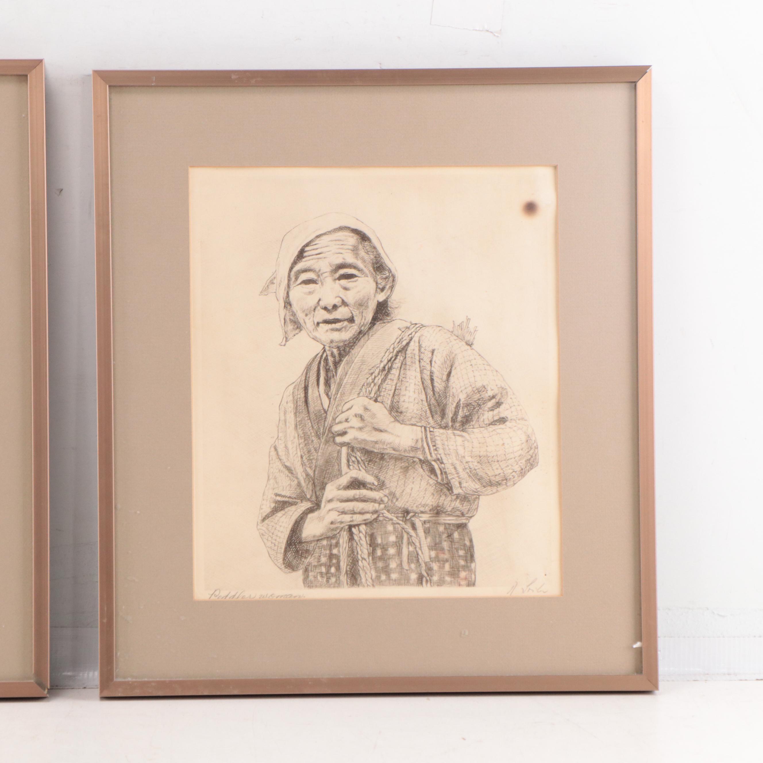 Rudolf Seiler Etchings "Wood Carver" and "Peddler Woman"