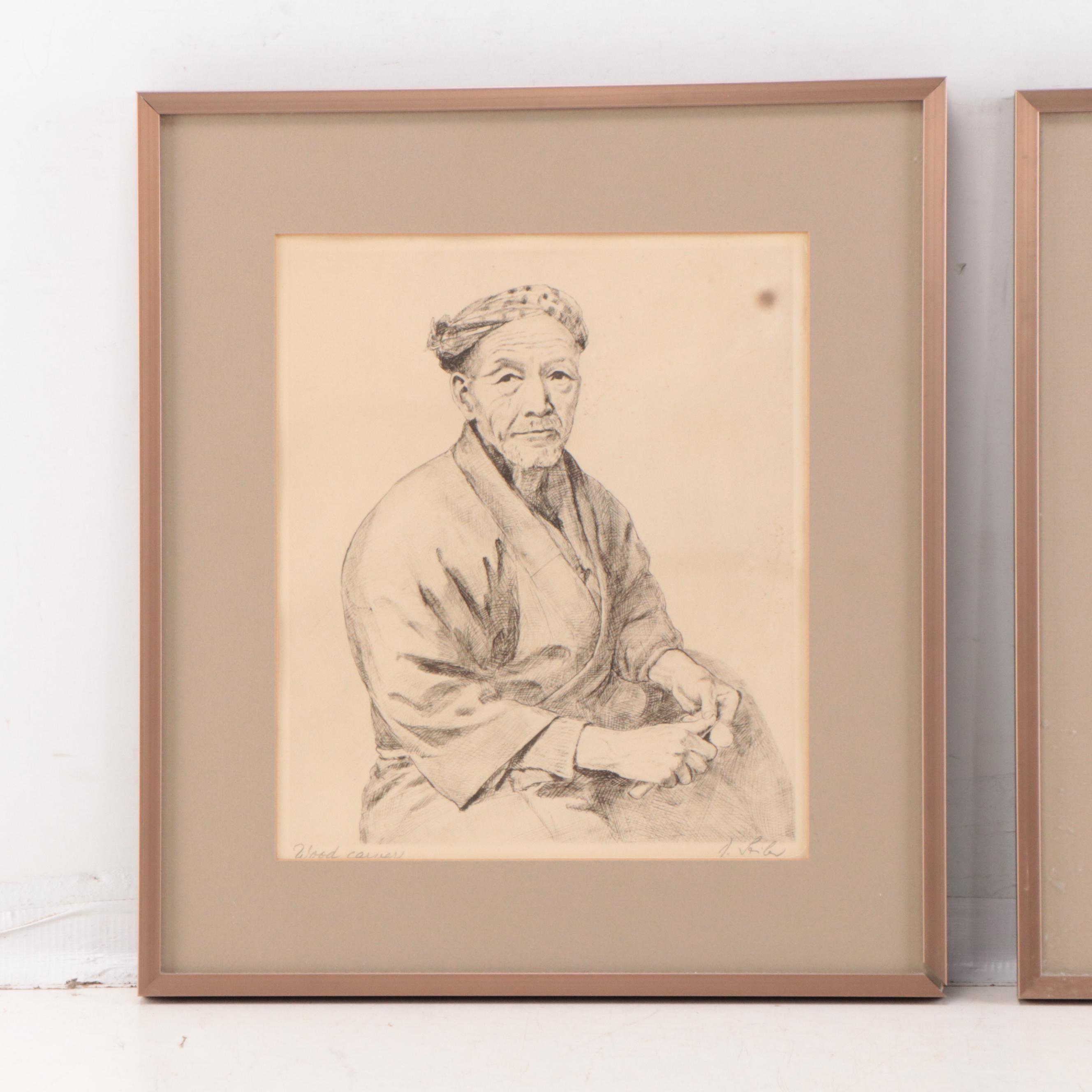 Rudolf Seiler Etchings "Wood Carver" and "Peddler Woman"