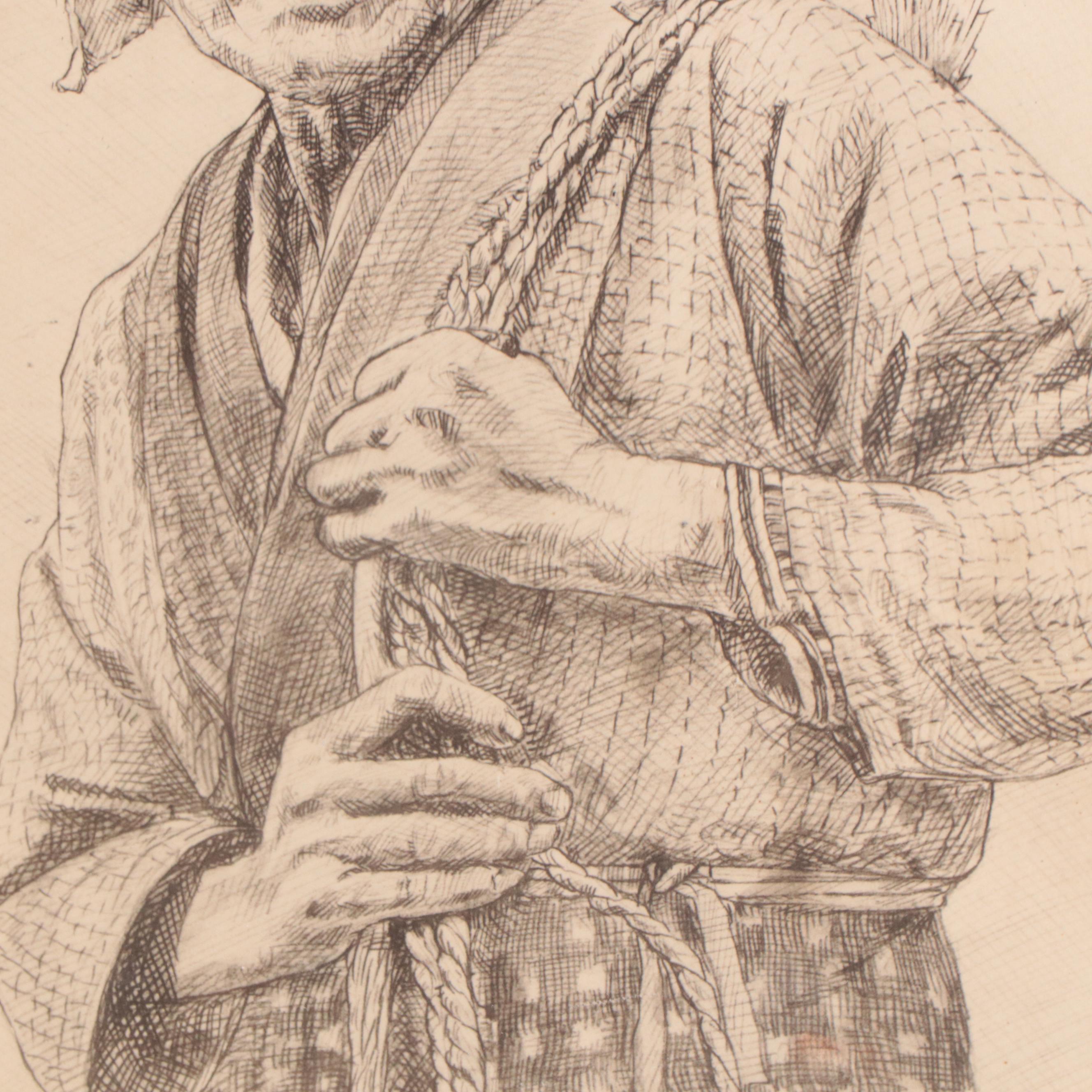 Rudolf Seiler Etchings "Wood Carver" and "Peddler Woman"