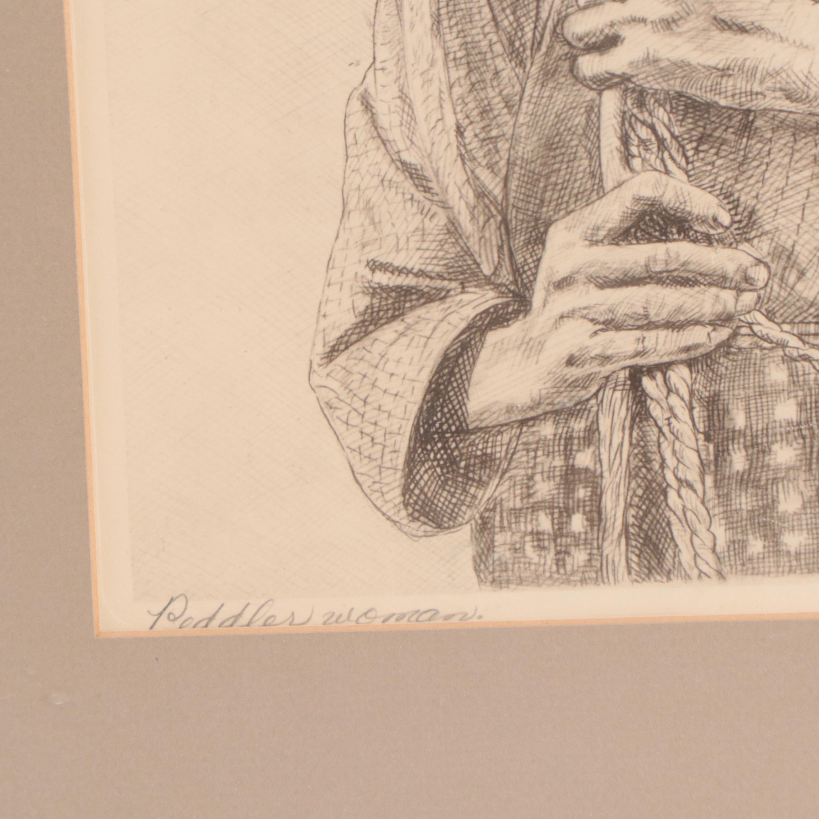 Rudolf Seiler Etchings "Wood Carver" and "Peddler Woman"