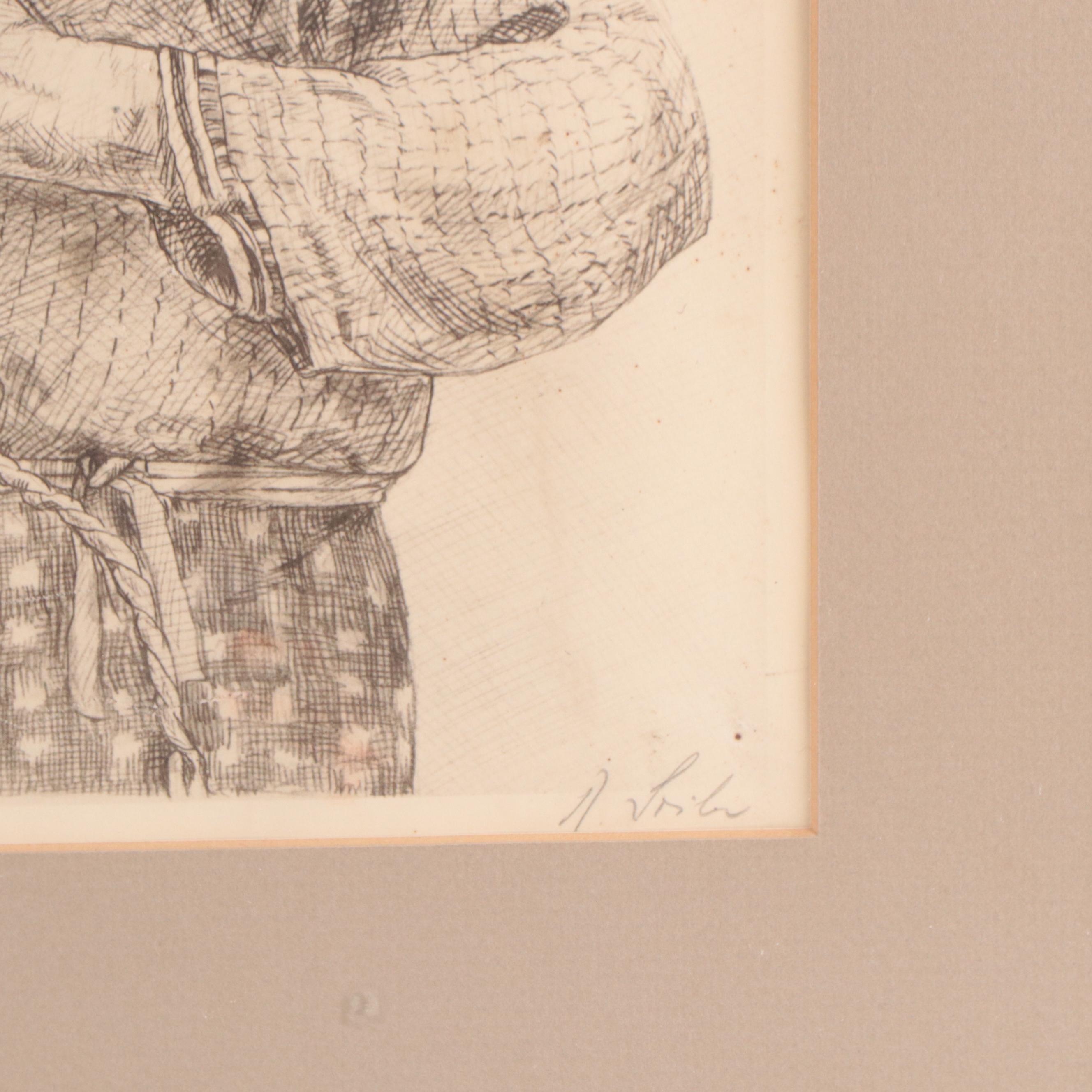 Rudolf Seiler Etchings "Wood Carver" and "Peddler Woman"