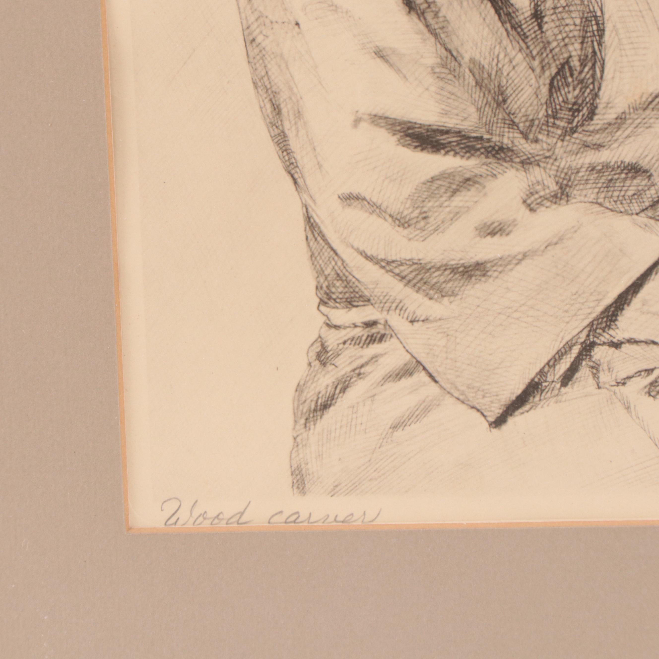 Rudolf Seiler Etchings "Wood Carver" and "Peddler Woman"