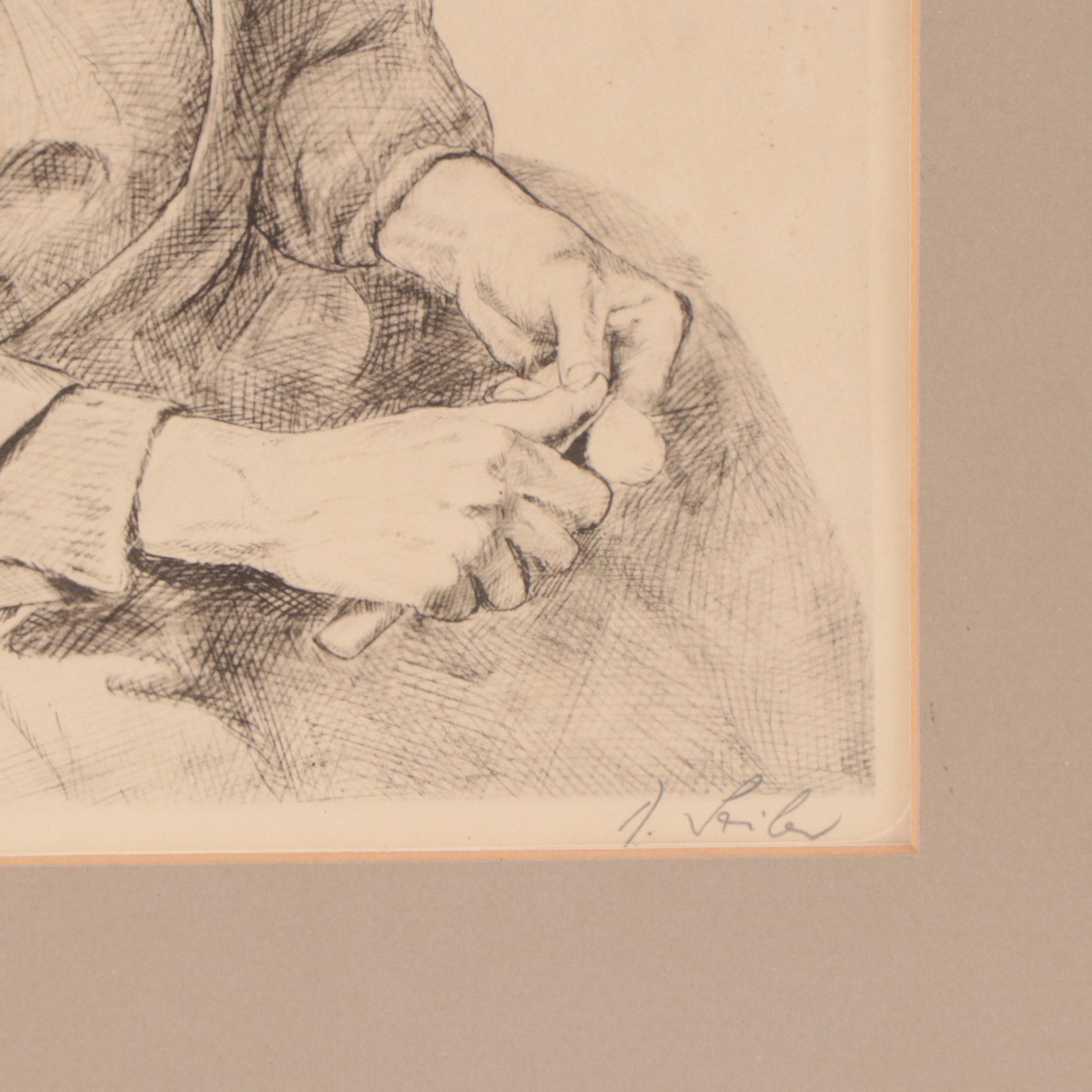 Rudolf Seiler Etchings "Wood Carver" and "Peddler Woman"