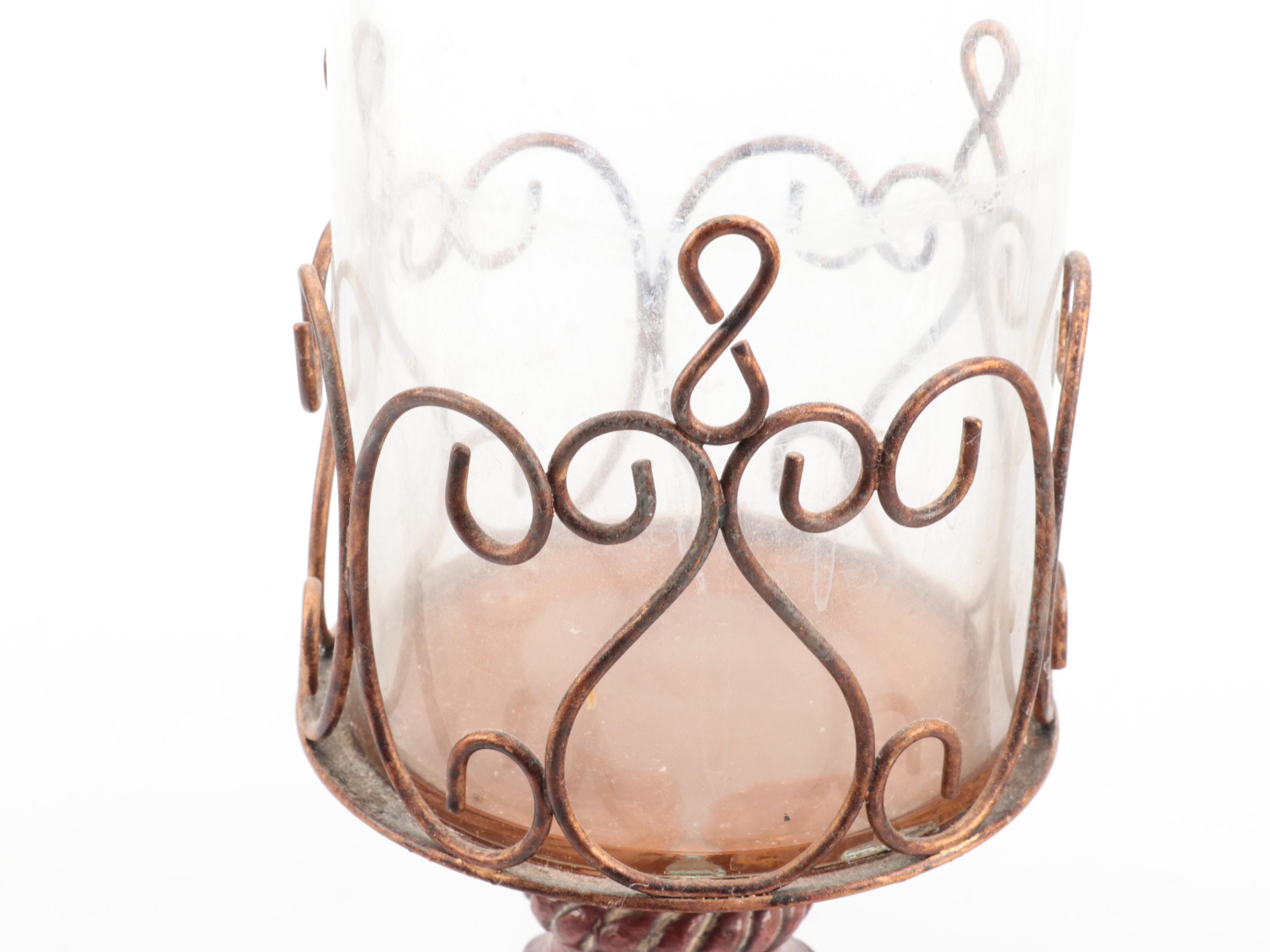 Pair of Composite, Metal and Glass Pillar Candle Holders