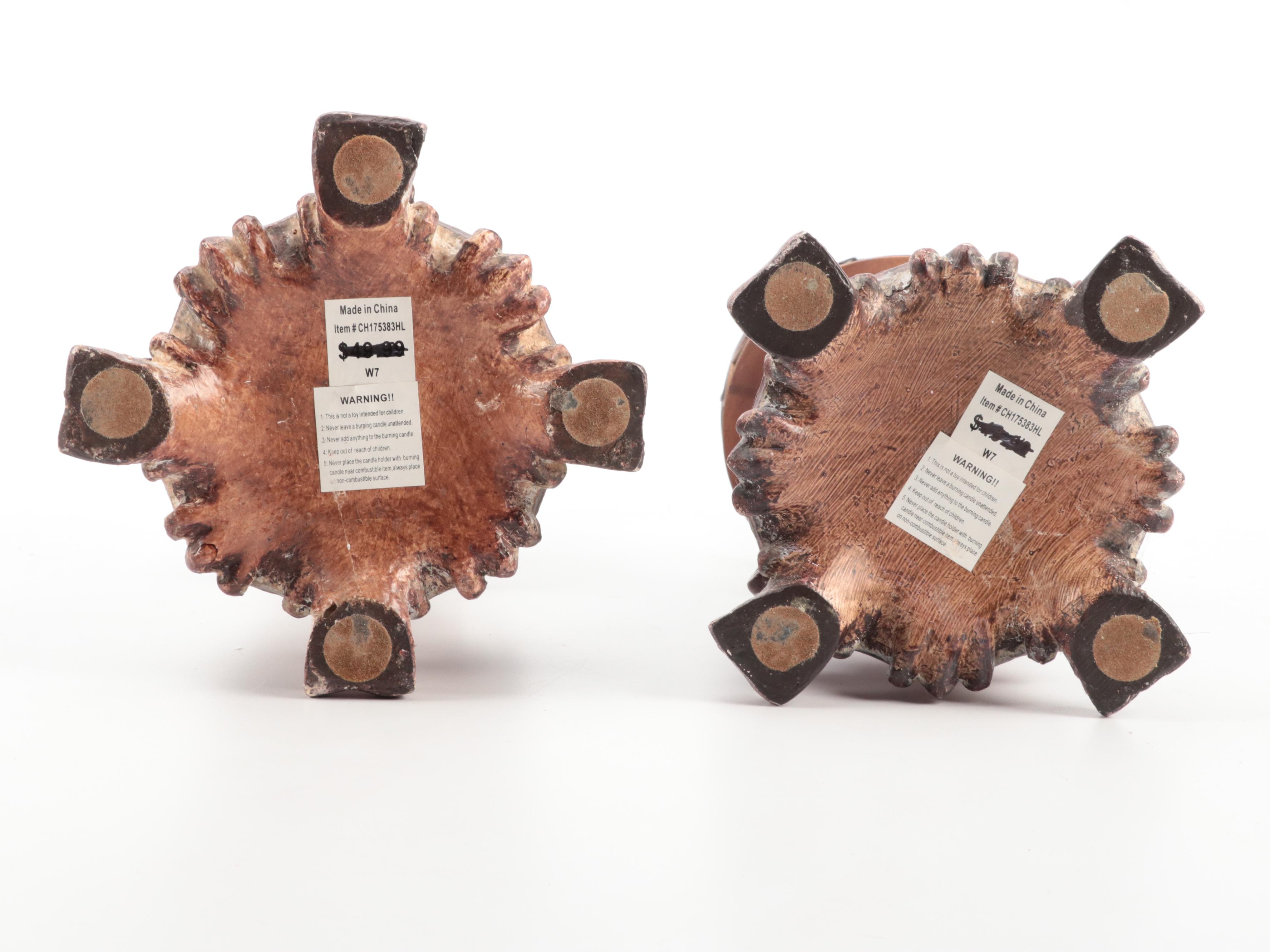 Pair of Composite, Metal and Glass Pillar Candle Holders