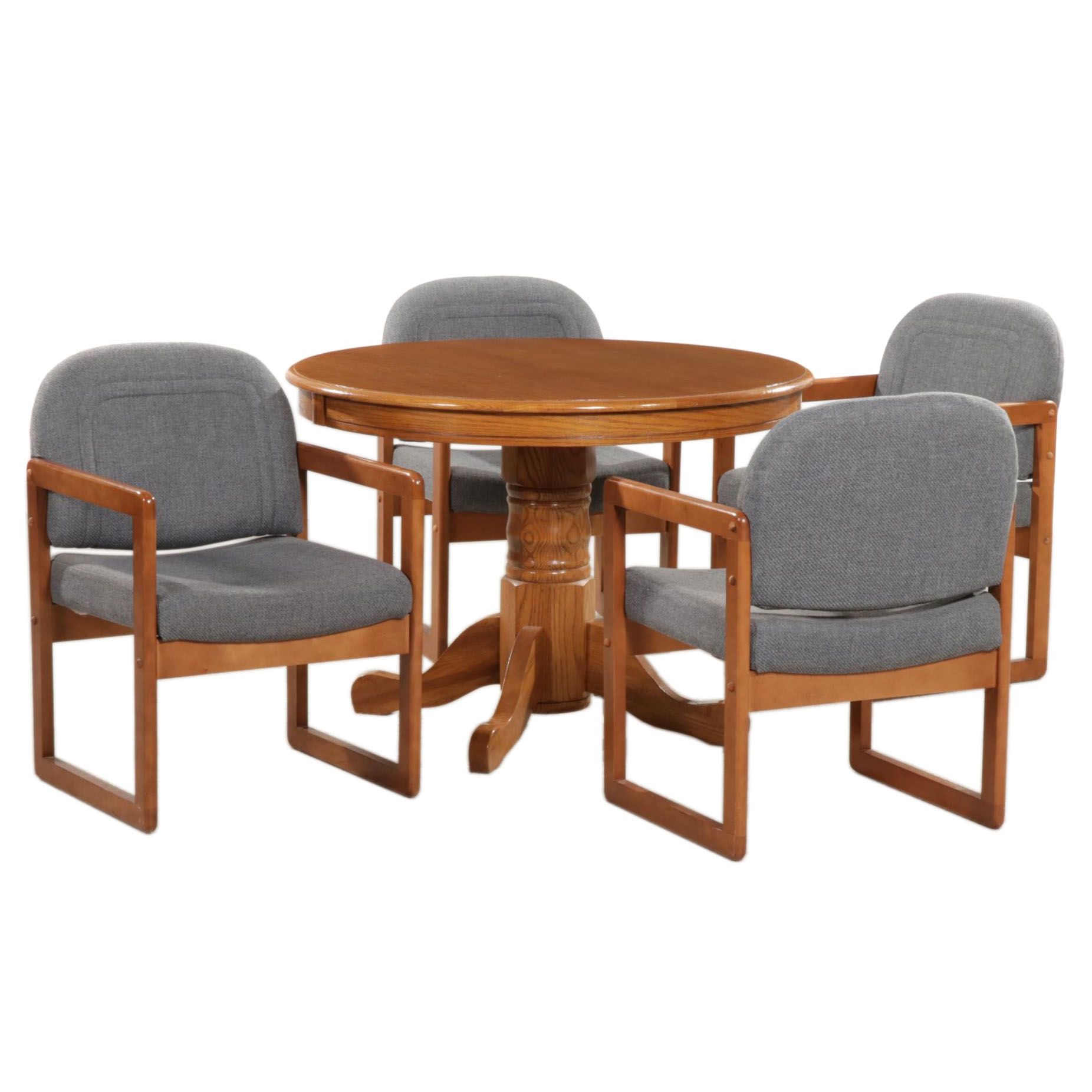 Oak Pedestal Dining Table with Four Global Upholstery Modernist Chairs