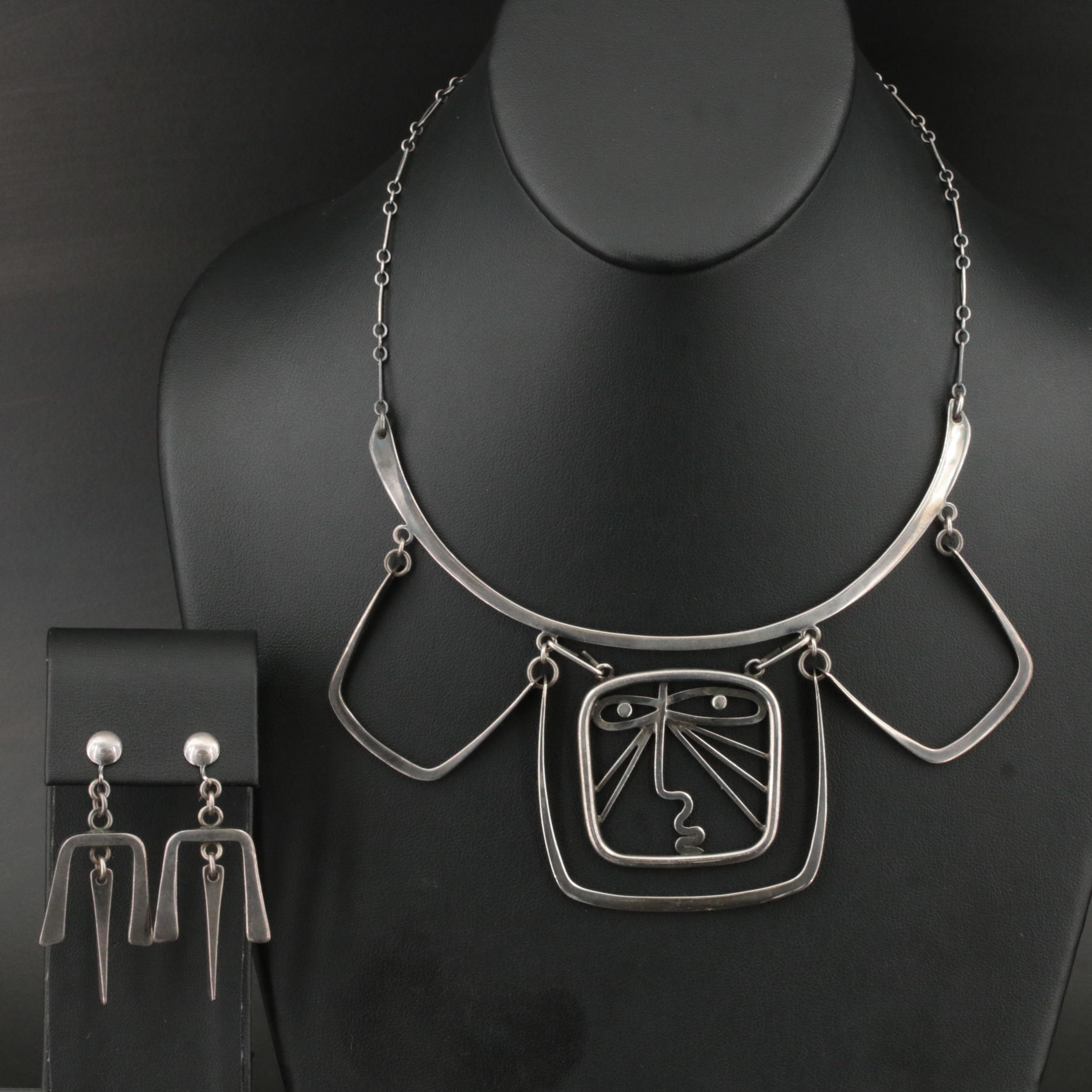Irvin and Bonnie Burkee Mid-Centry Modernist Sterling Necklace and Earrings Set