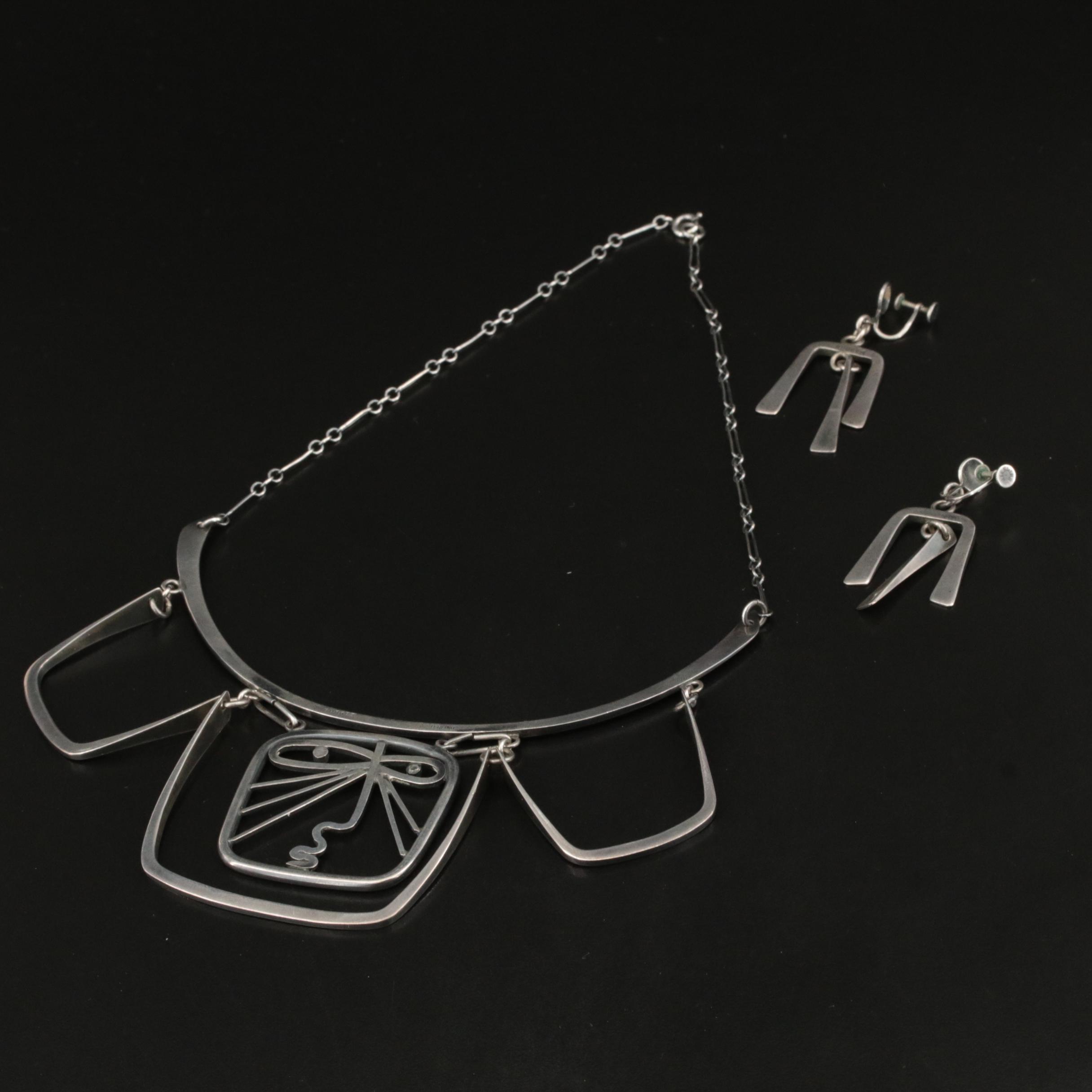 Irvin and Bonnie Burkee Mid-Centry Modernist Sterling Necklace and Earrings Set