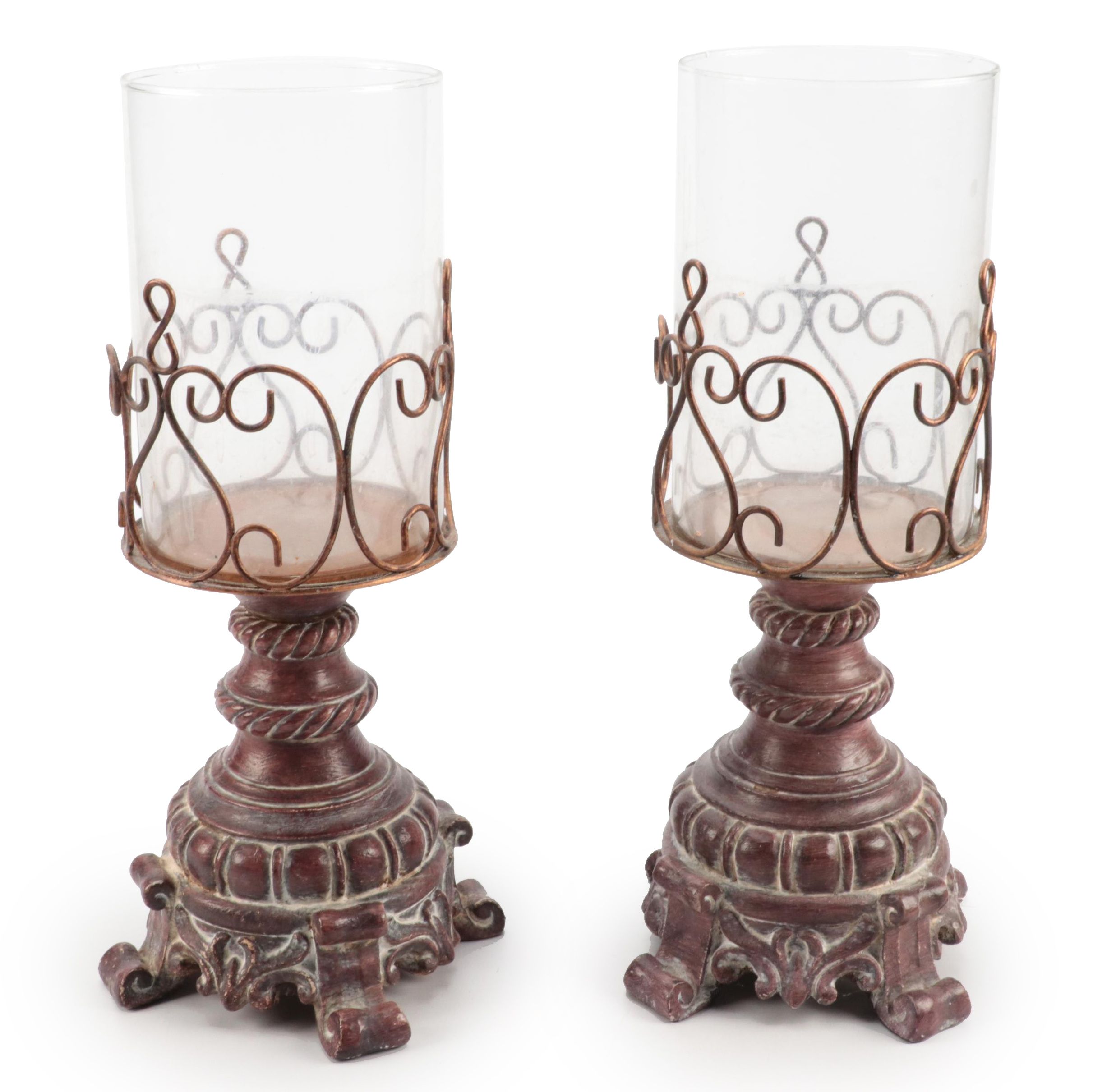 Pair of Composite, Metal and Glass Pillar Candle Holders