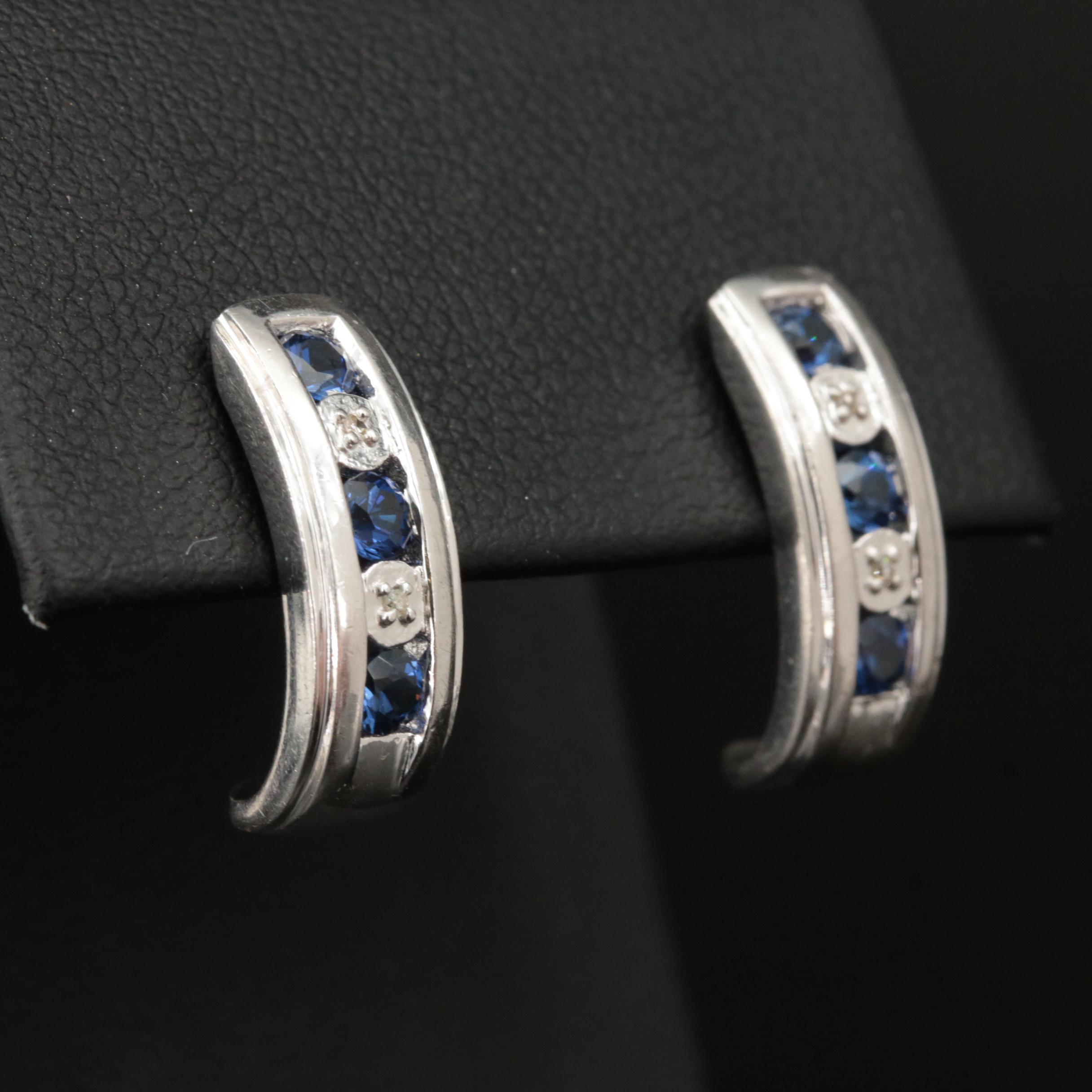 Sterling Sapphire and Diamond J Hoop Earrings