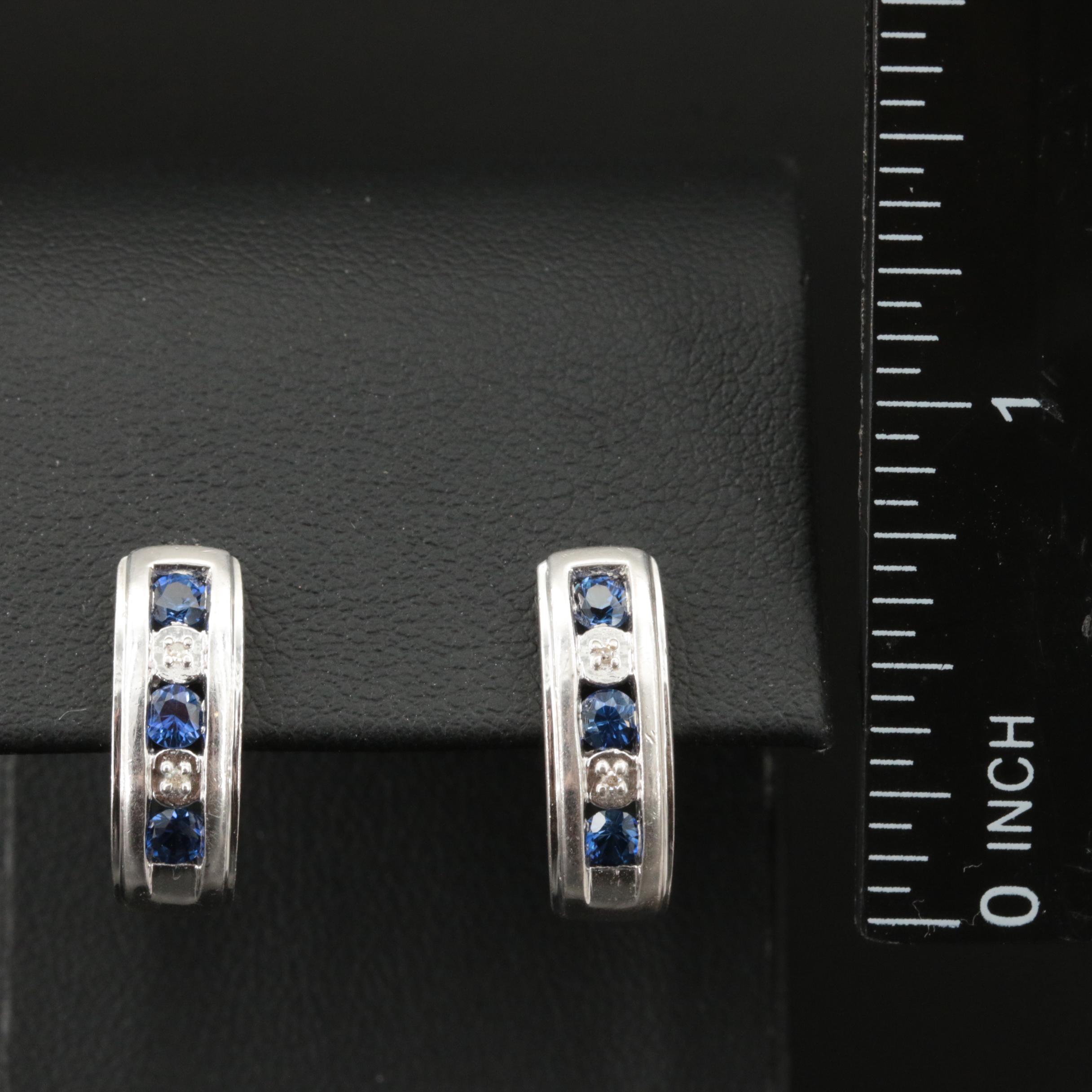 Sterling Sapphire and Diamond J Hoop Earrings