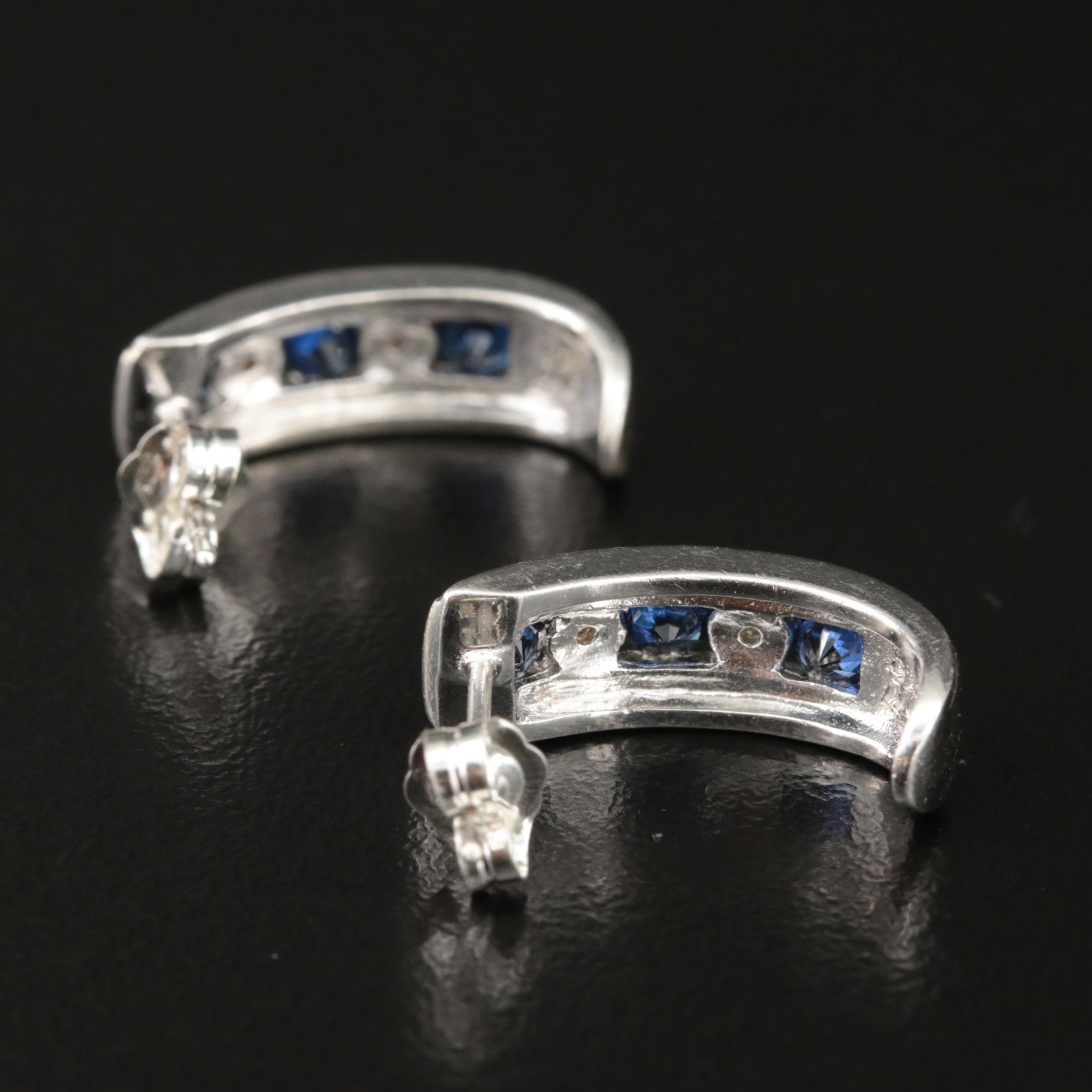 Sterling Sapphire and Diamond J Hoop Earrings