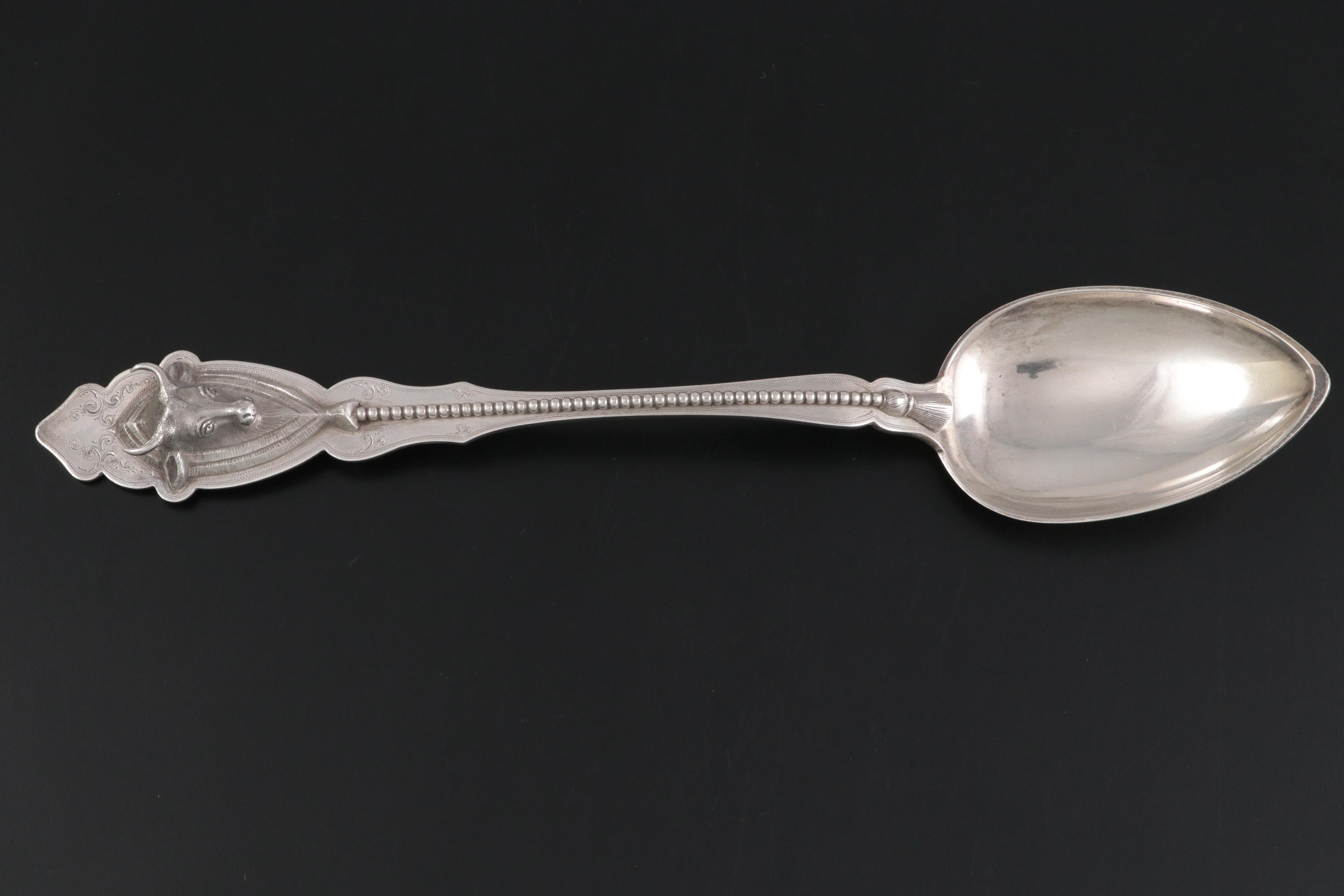Duhme & Co. of Cincinnati Bull Head Tip Sterling Serving Spoon, Late 19th C.