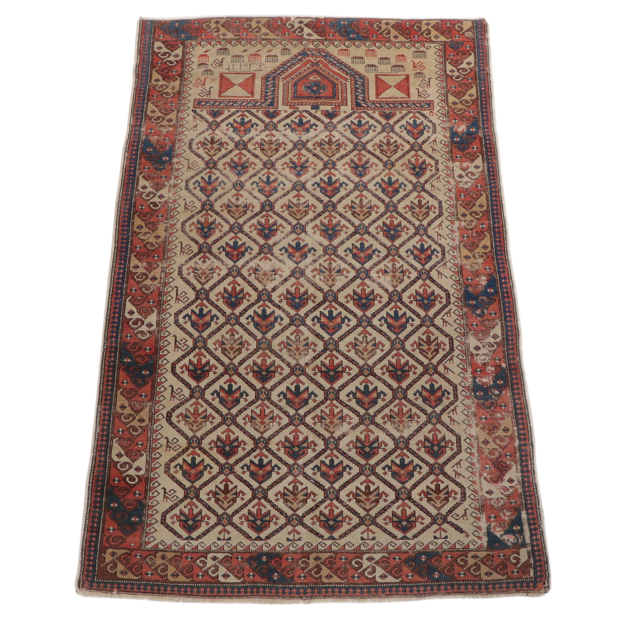 3'10 x 5'11 Antique Hand-Knotted Caucasian Shirvan Prayer Rug, Dated 1913