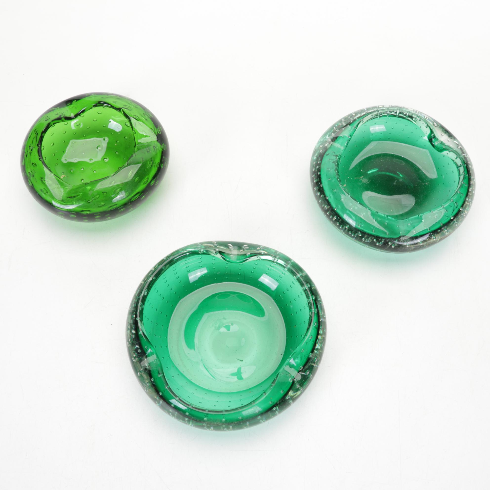 R. Gibson and Others Art Glass Controlled Bubble Paperweights, Ashtrays, Vase