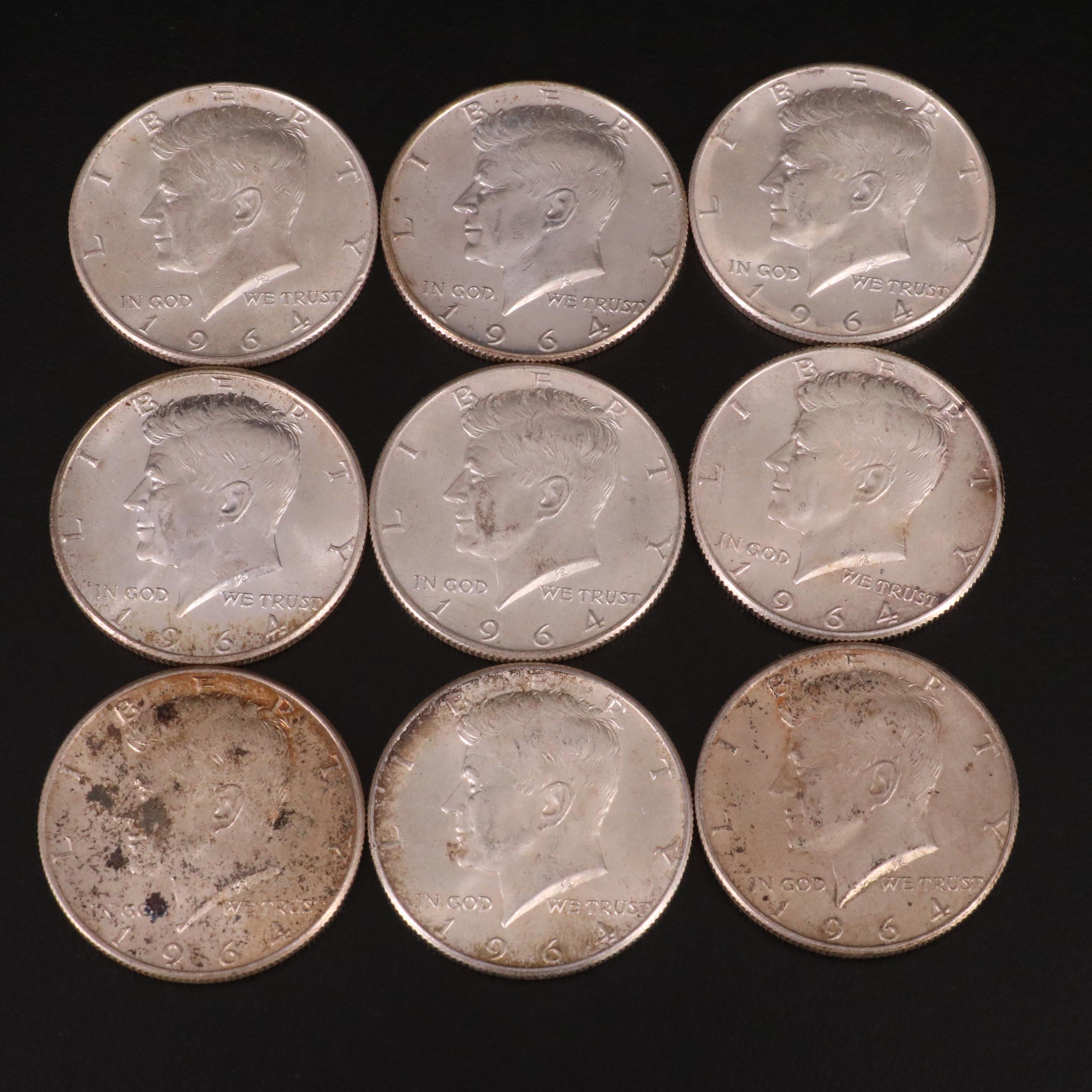 Nine Kennedy 1964 Silver Half Dollars