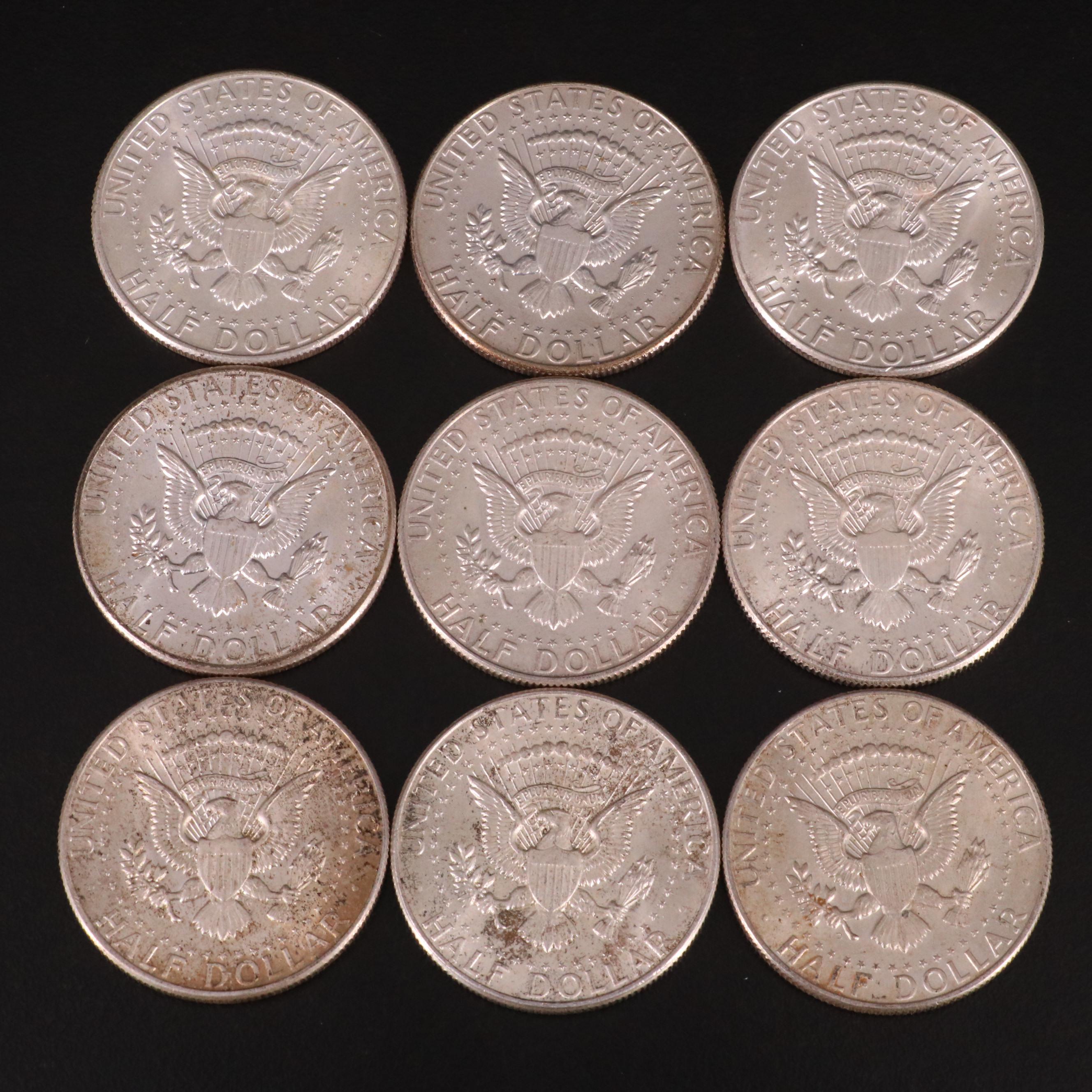 Nine Kennedy 1964 Silver Half Dollars