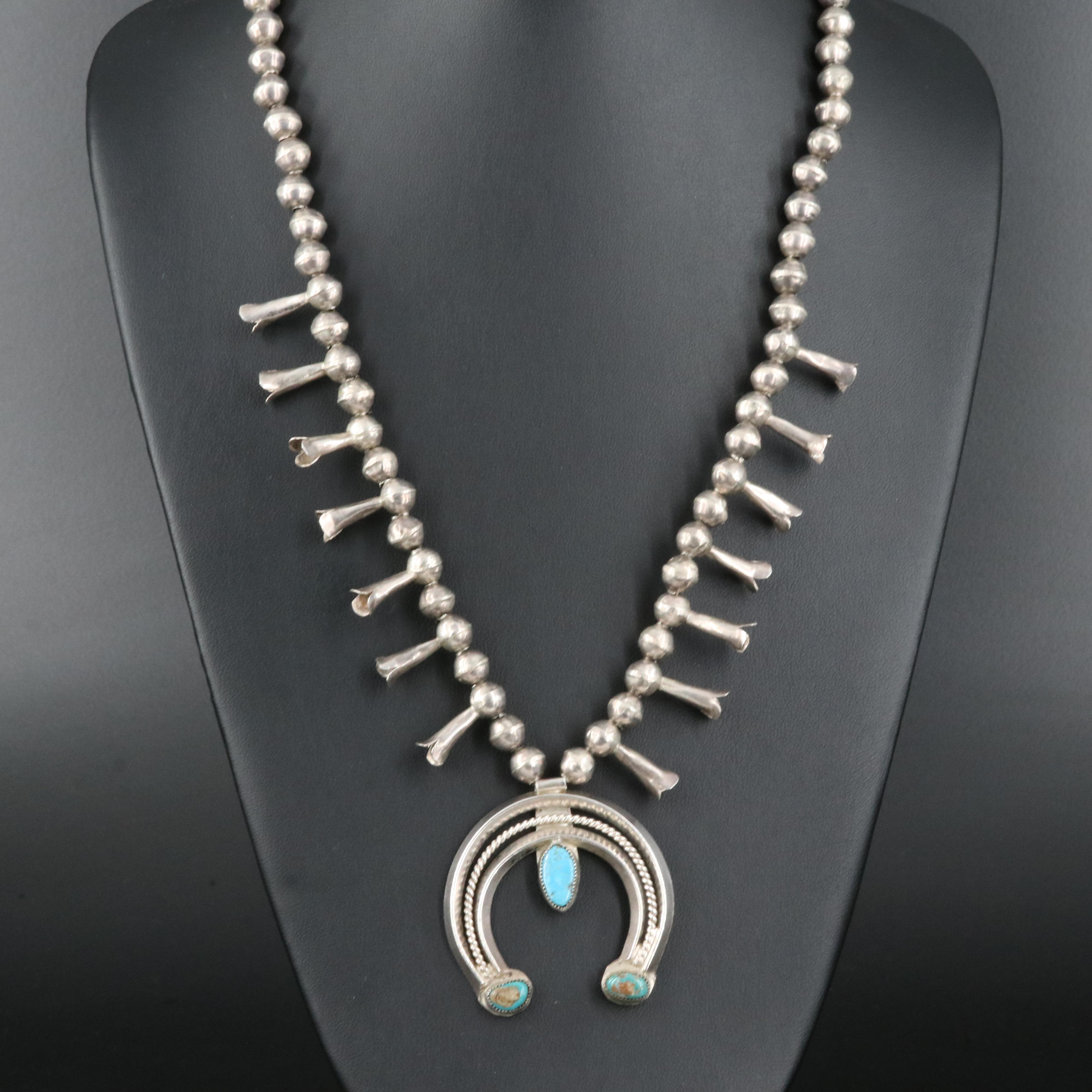 Southwestern Sterling Turquoise Squash Blossom Necklace with Naja