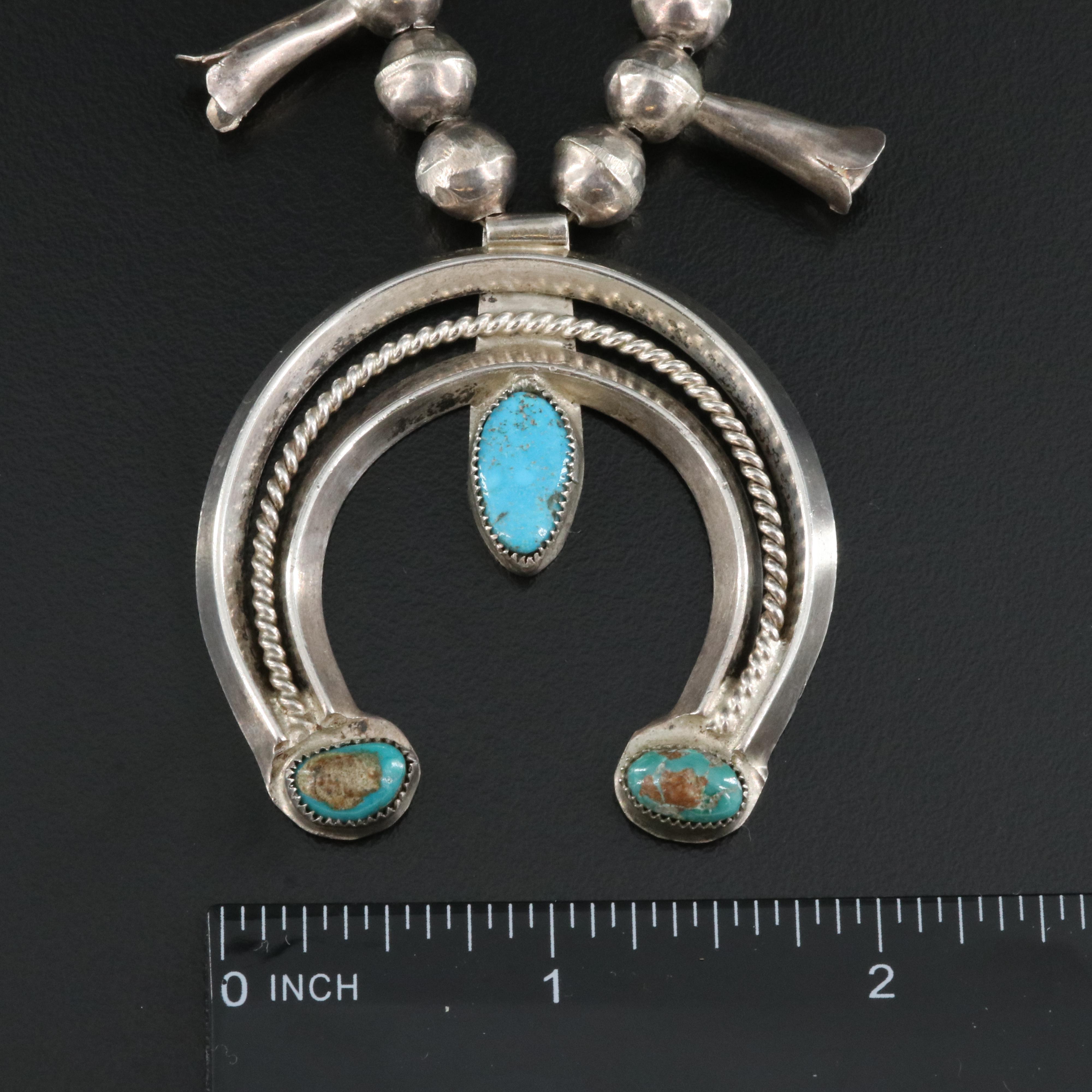 Southwestern Sterling Turquoise Squash Blossom Necklace with Naja