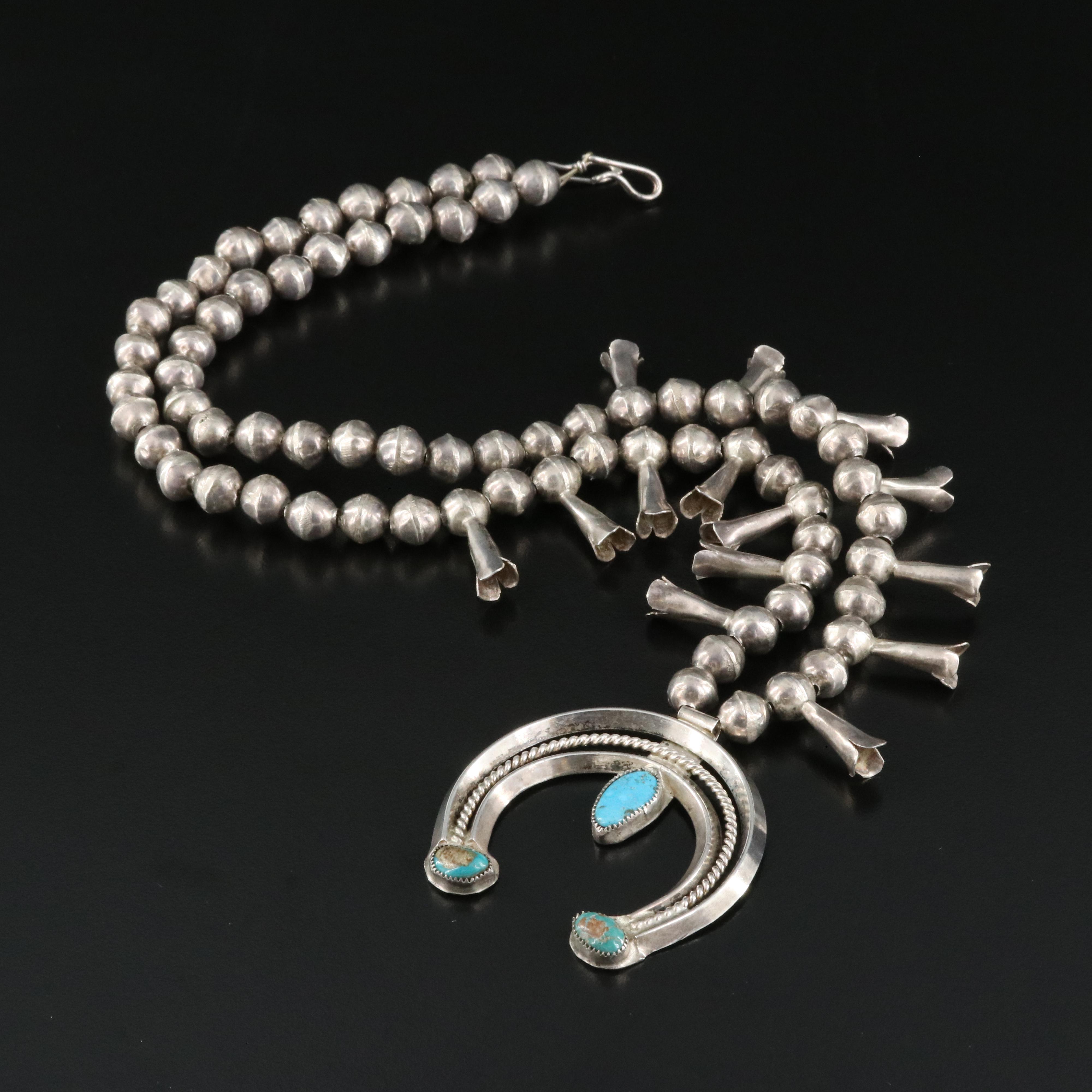 Southwestern Sterling Turquoise Squash Blossom Necklace with Naja