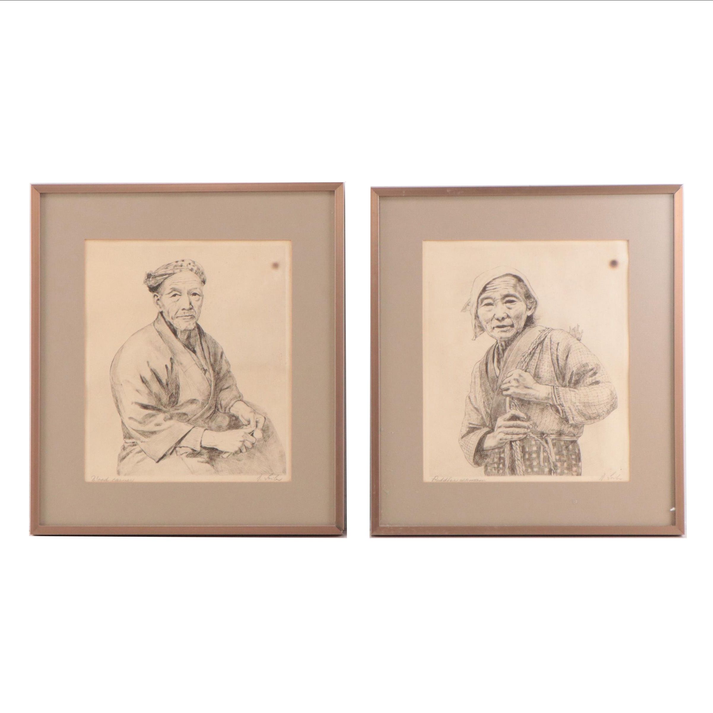 Rudolf Seiler Etchings "Wood Carver" and "Peddler Woman"
