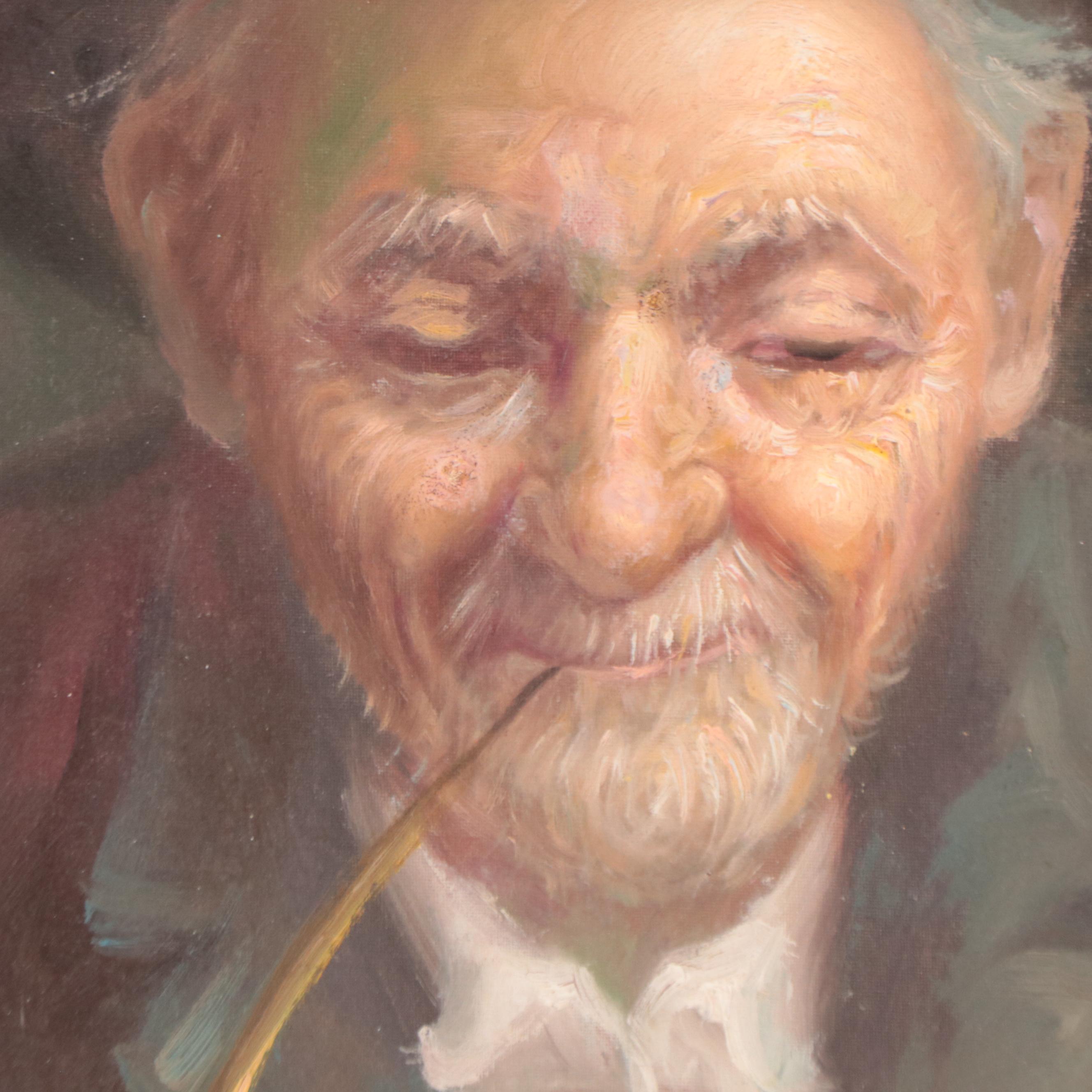 Oil Painting of Man Smoking Pipe