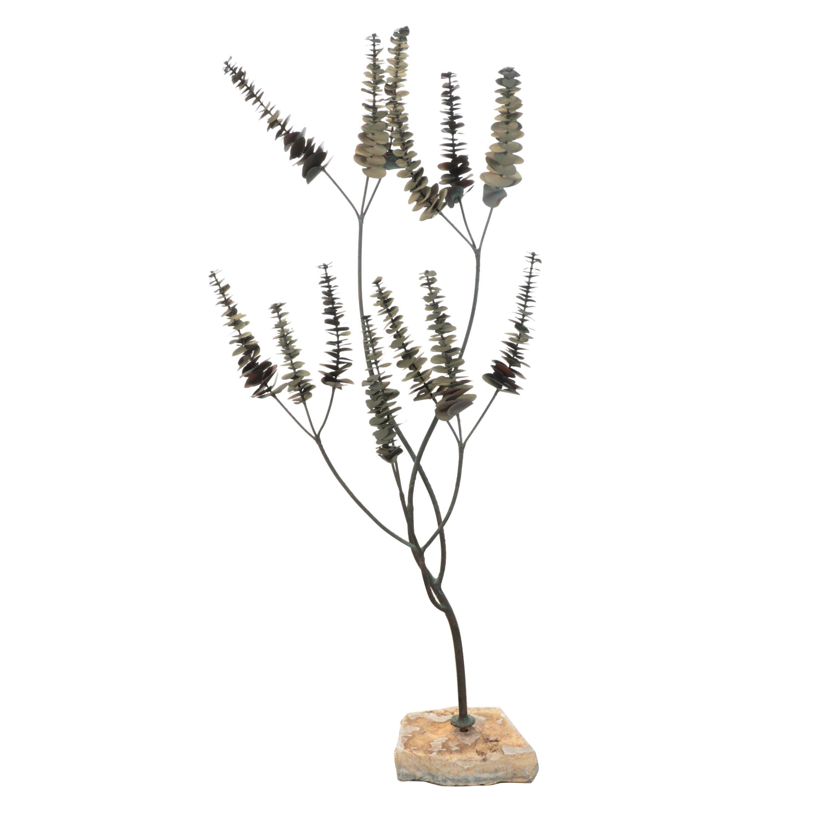 Modern Verdigris Patinated Metal Eucalyptus Sculpture on a Rock Base