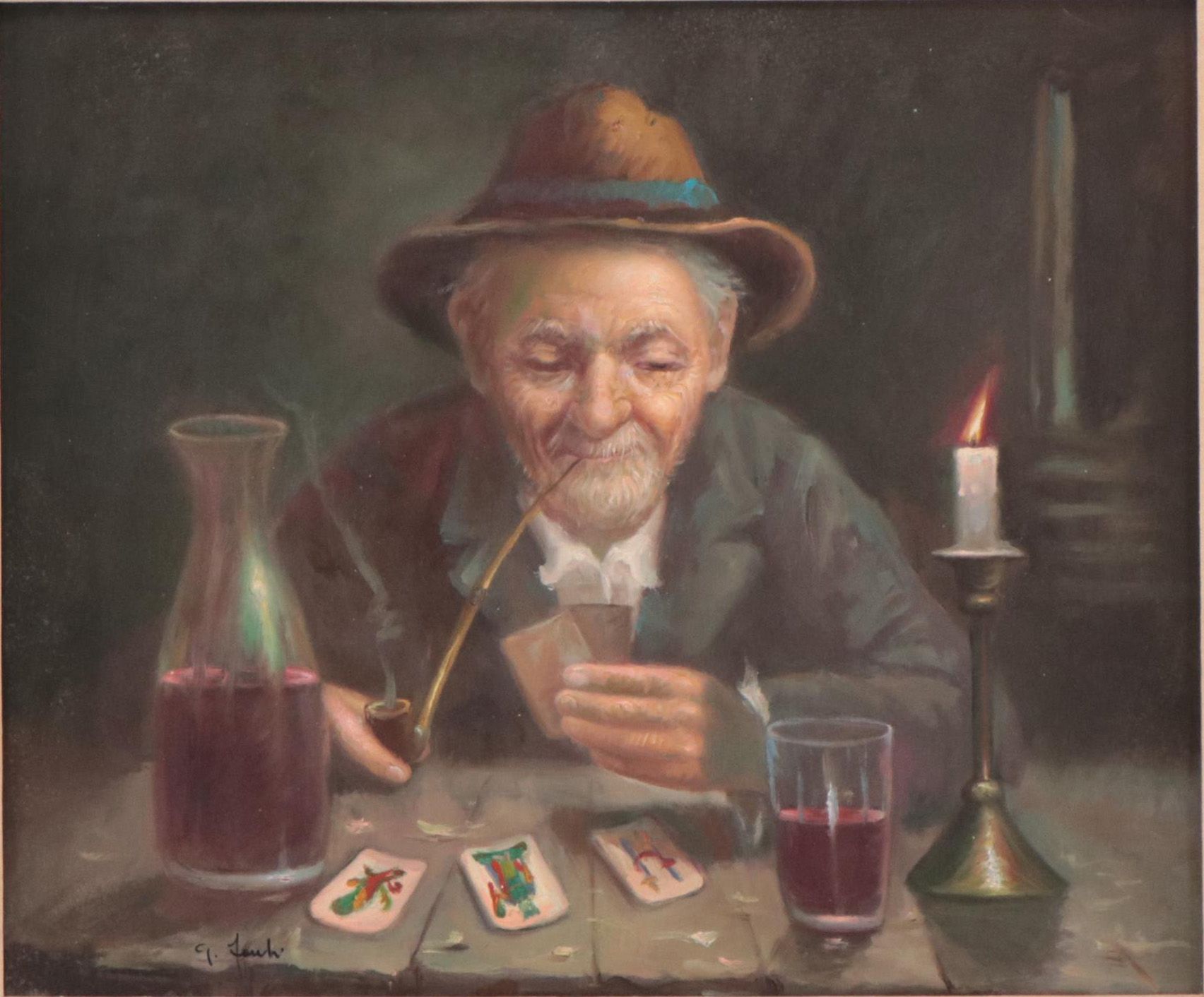 Oil Painting of Man Smoking Pipe