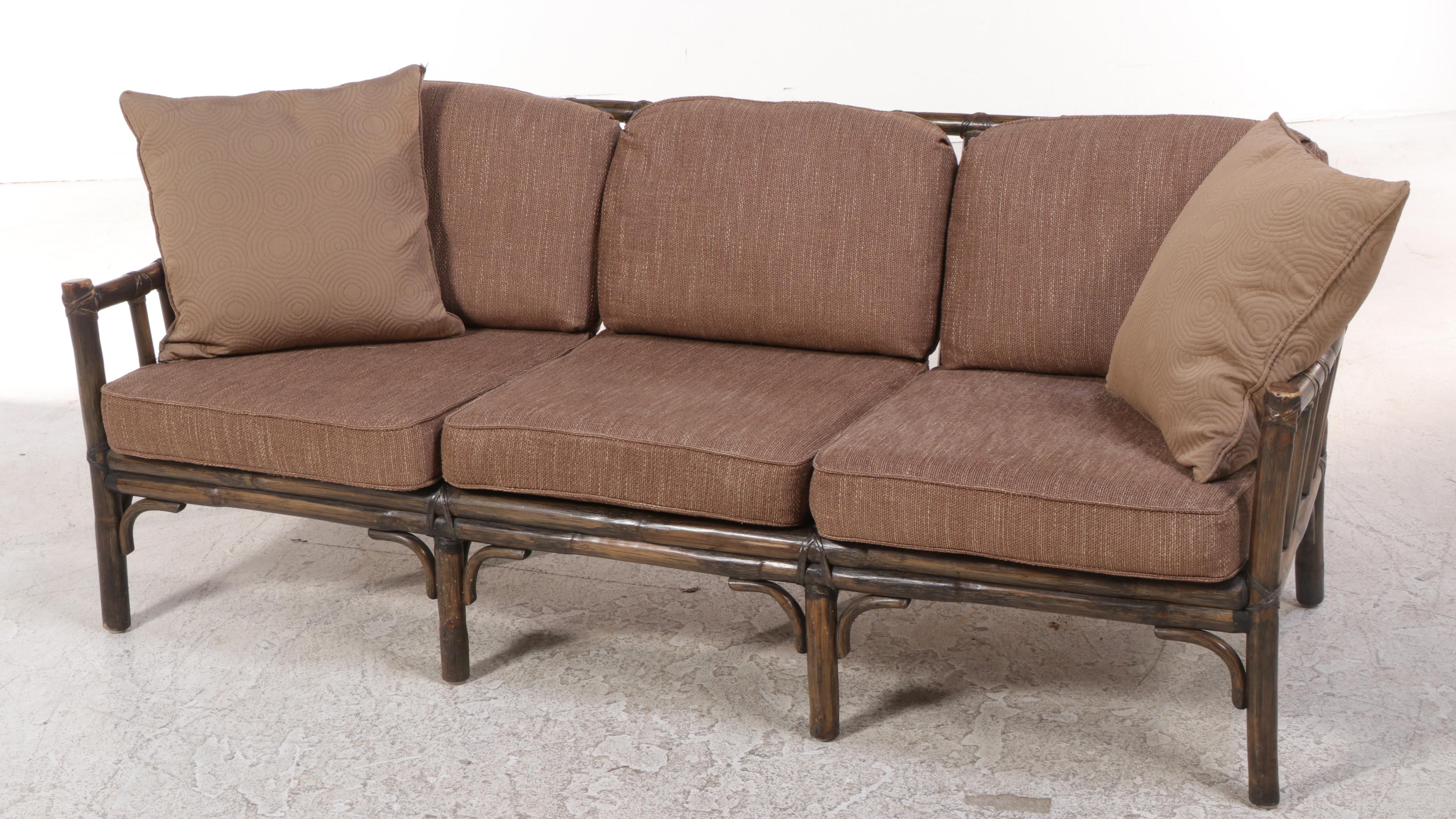 McGuire Leather-Wrapped Rattan Patio Sofa and Lounge Chair