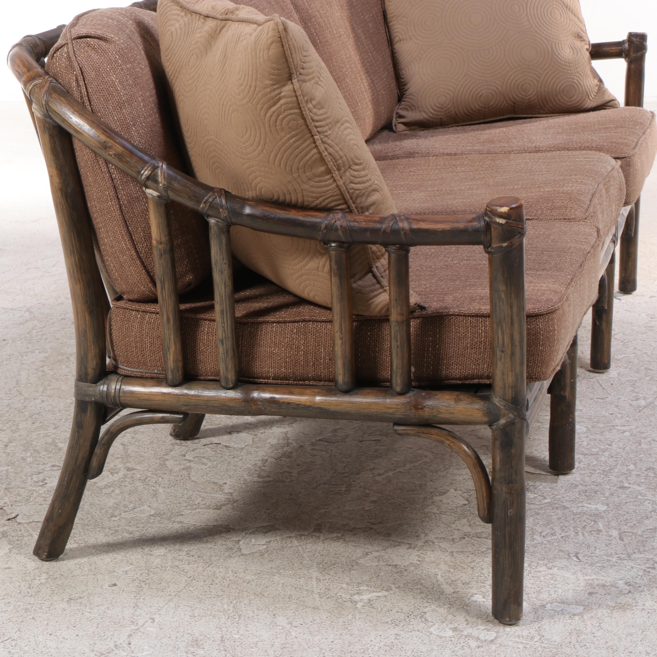 McGuire Leather-Wrapped Rattan Patio Sofa and Lounge Chair