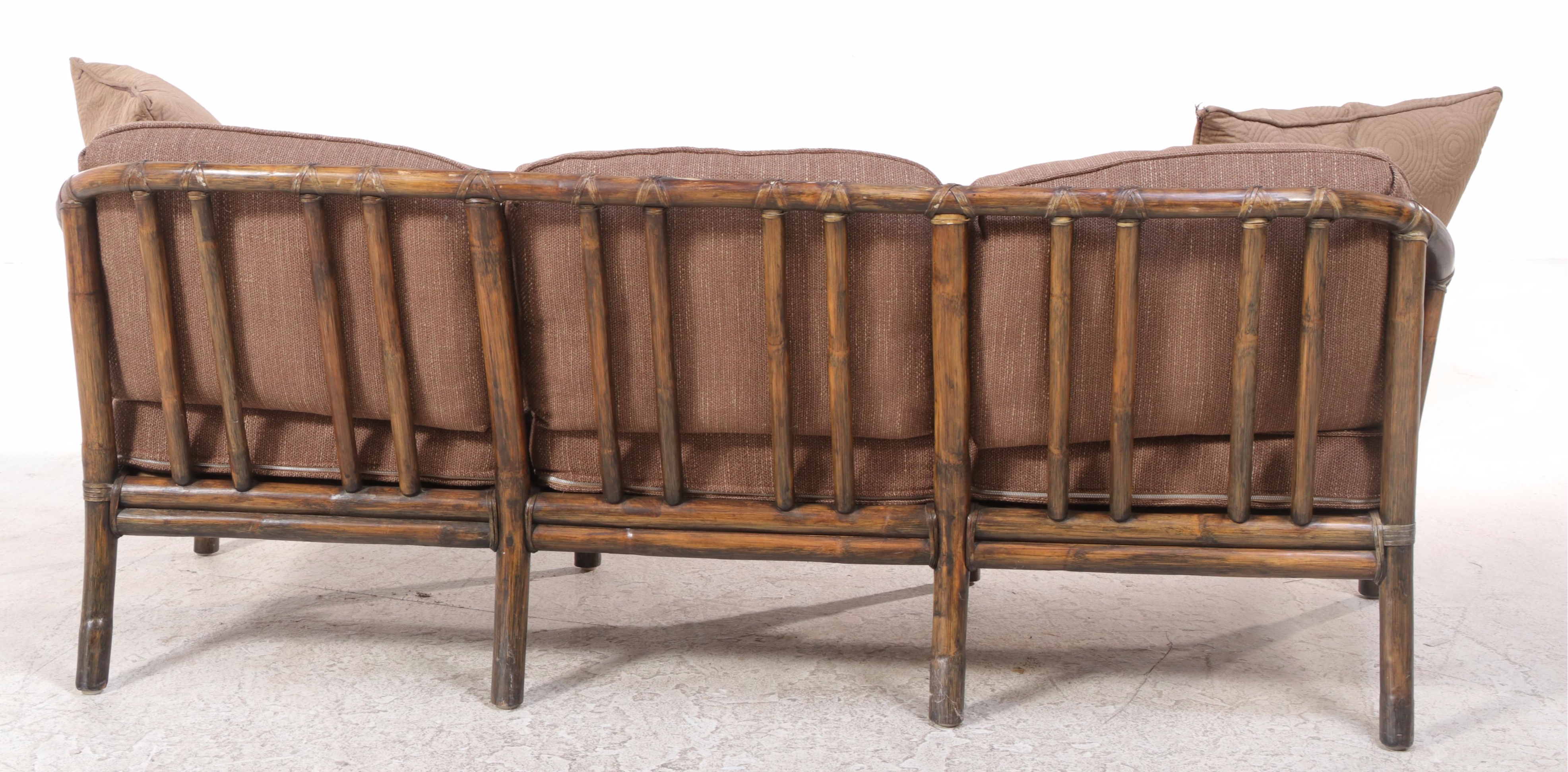 McGuire Leather-Wrapped Rattan Patio Sofa and Lounge Chair