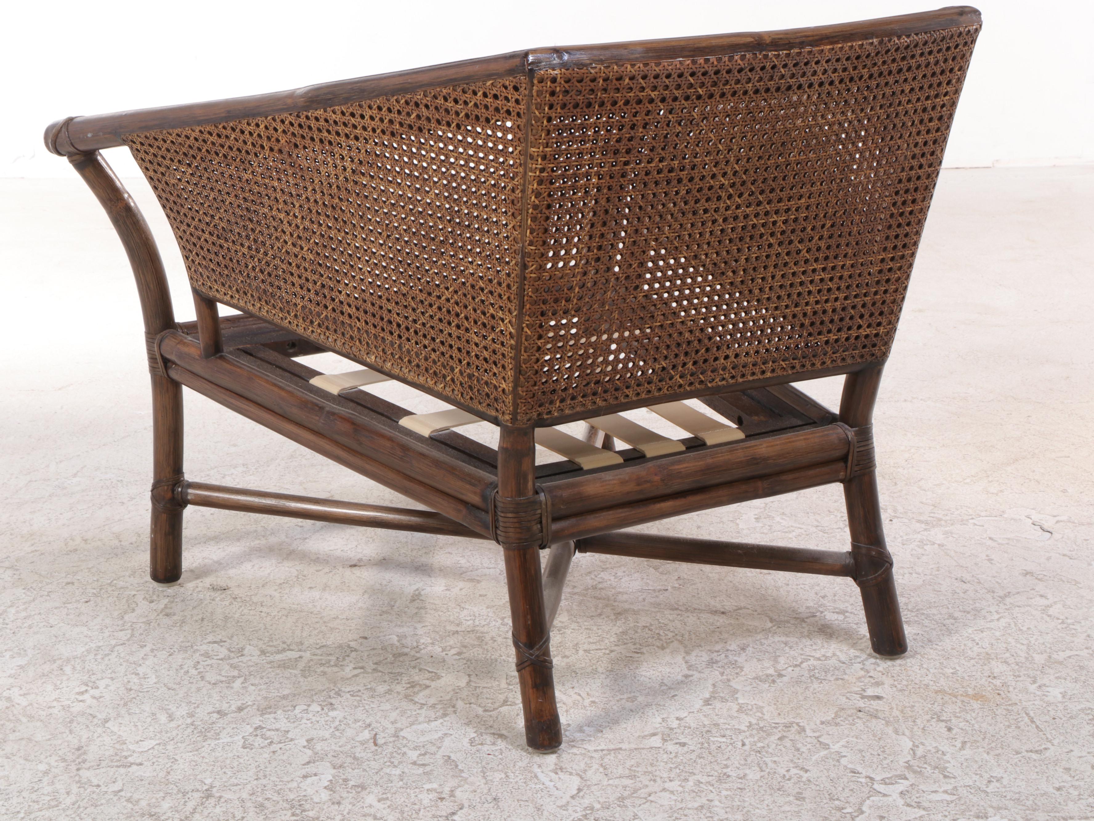 McGuire Leather-Wrapped Rattan Patio Sofa and Lounge Chair
