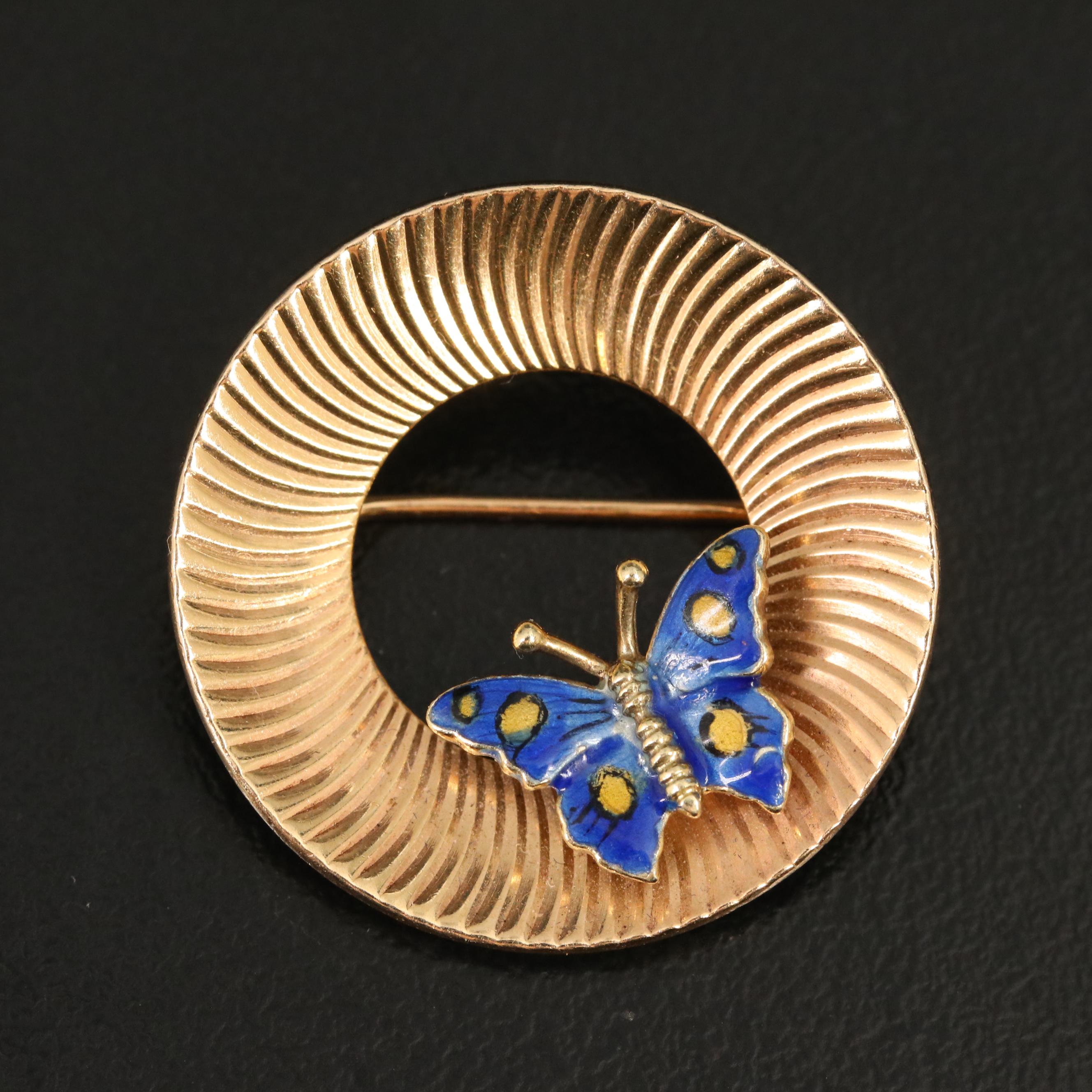 Vintage 14K Fluted Circle Brooch with Enamel Butterfly