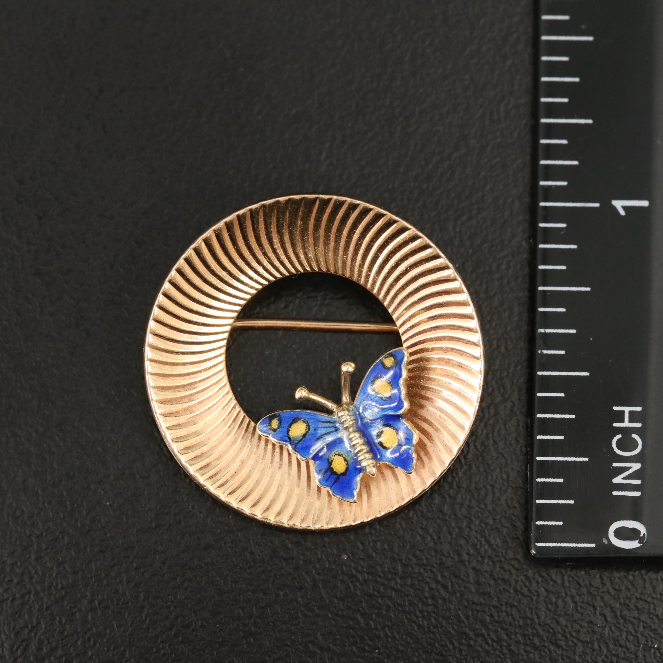 Vintage 14K Fluted Circle Brooch with Enamel Butterfly