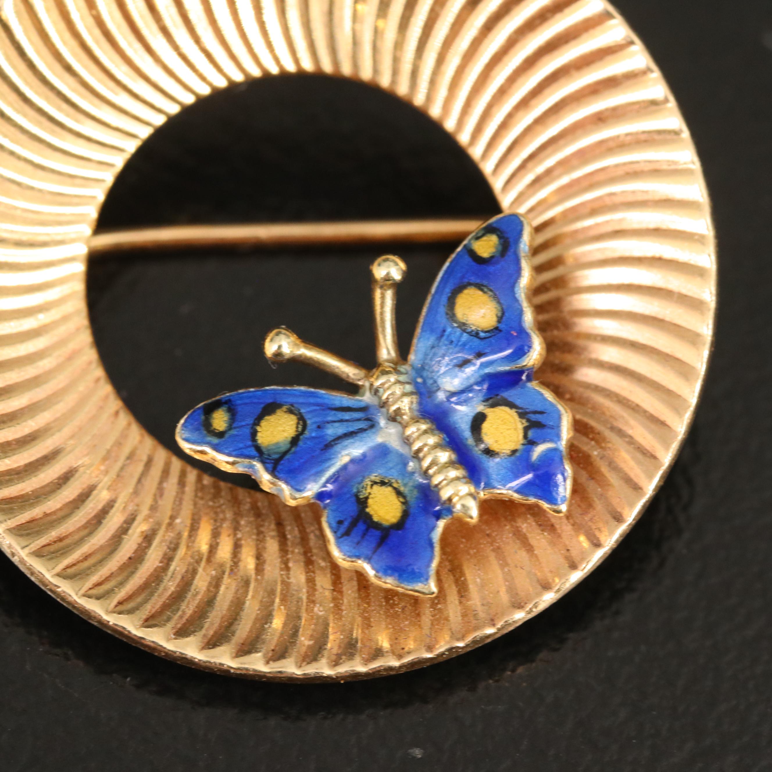 Vintage 14K Fluted Circle Brooch with Enamel Butterfly