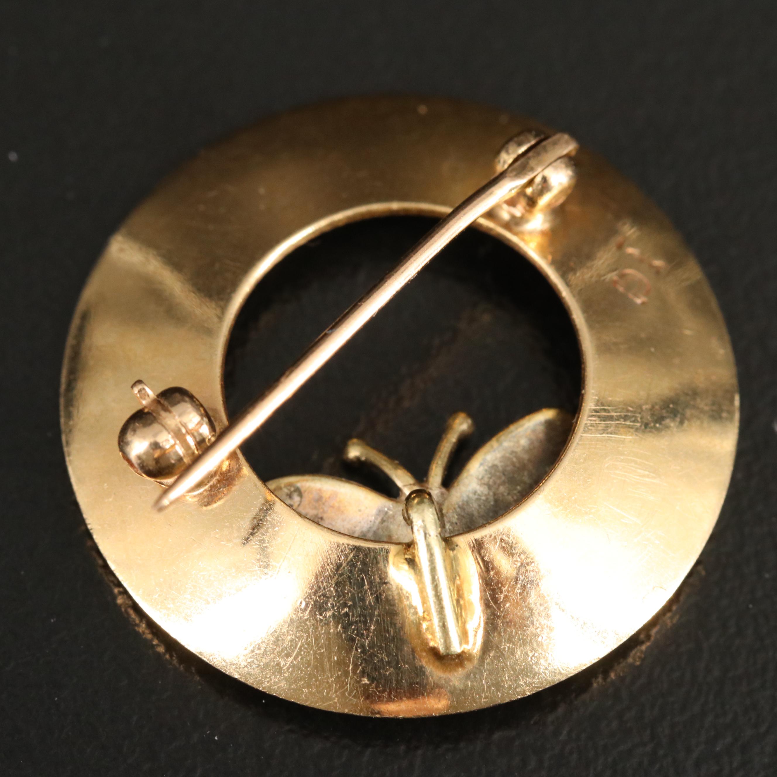 Vintage 14K Fluted Circle Brooch with Enamel Butterfly