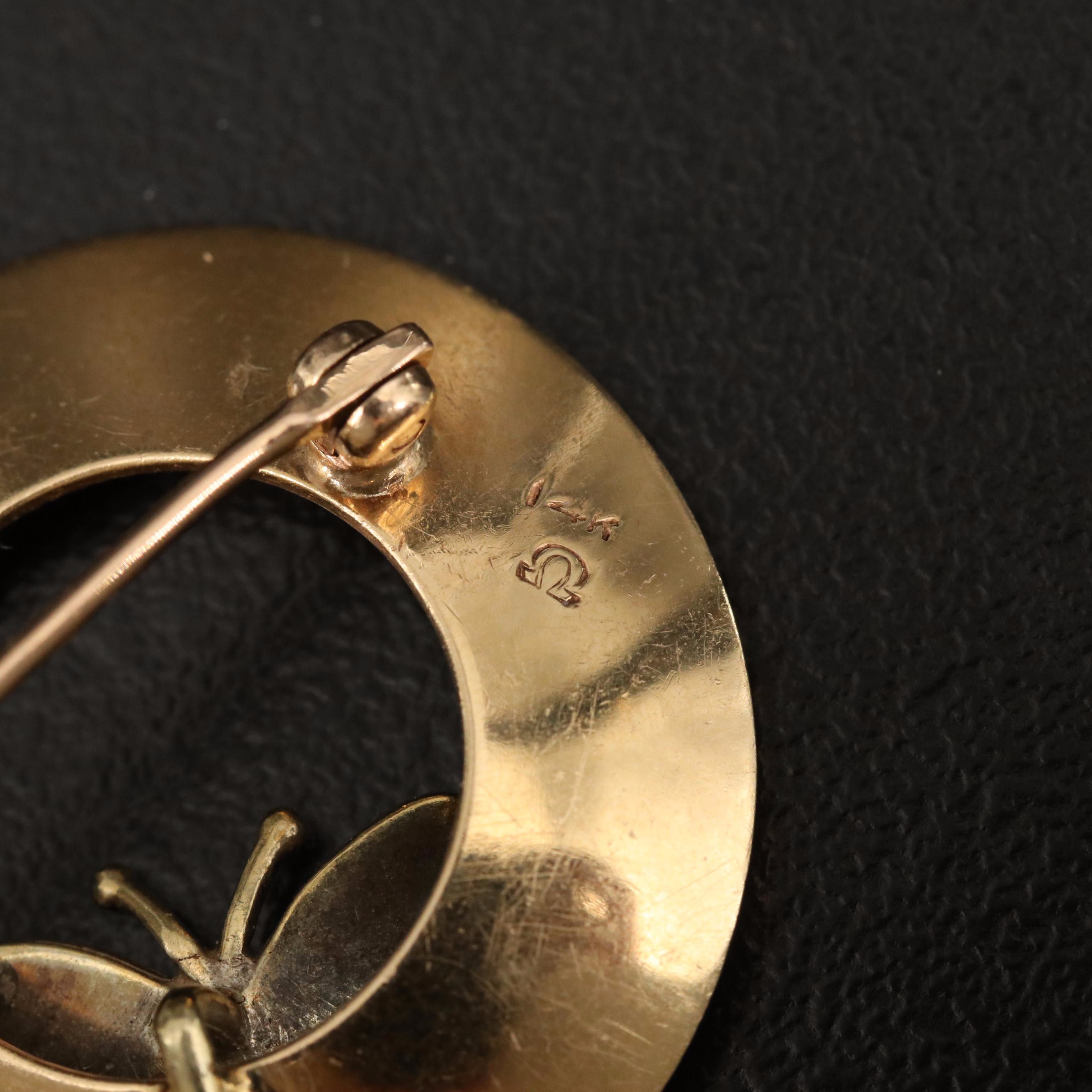 Vintage 14K Fluted Circle Brooch with Enamel Butterfly