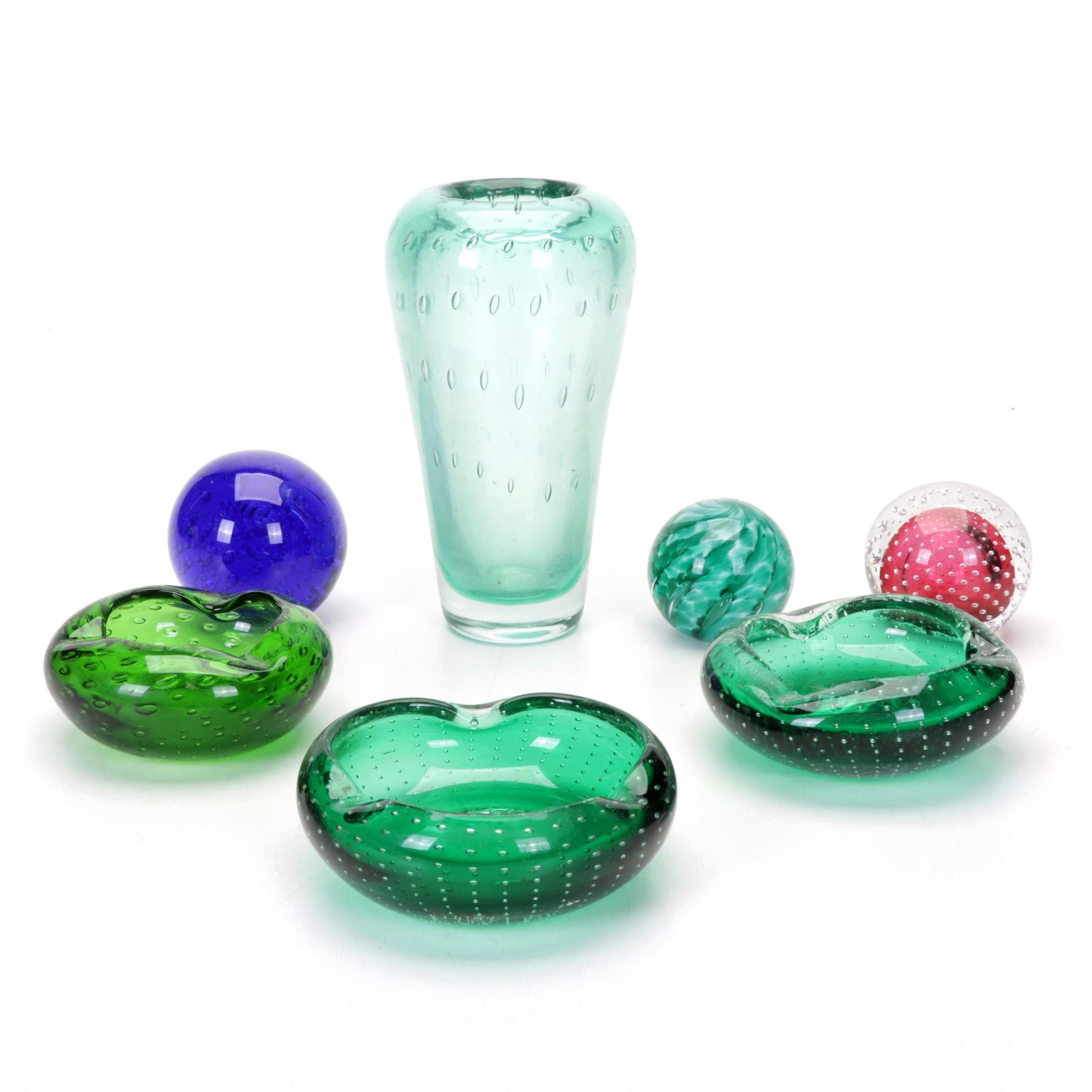 R. Gibson and Others Art Glass Controlled Bubble Paperweights, Ashtrays, Vase