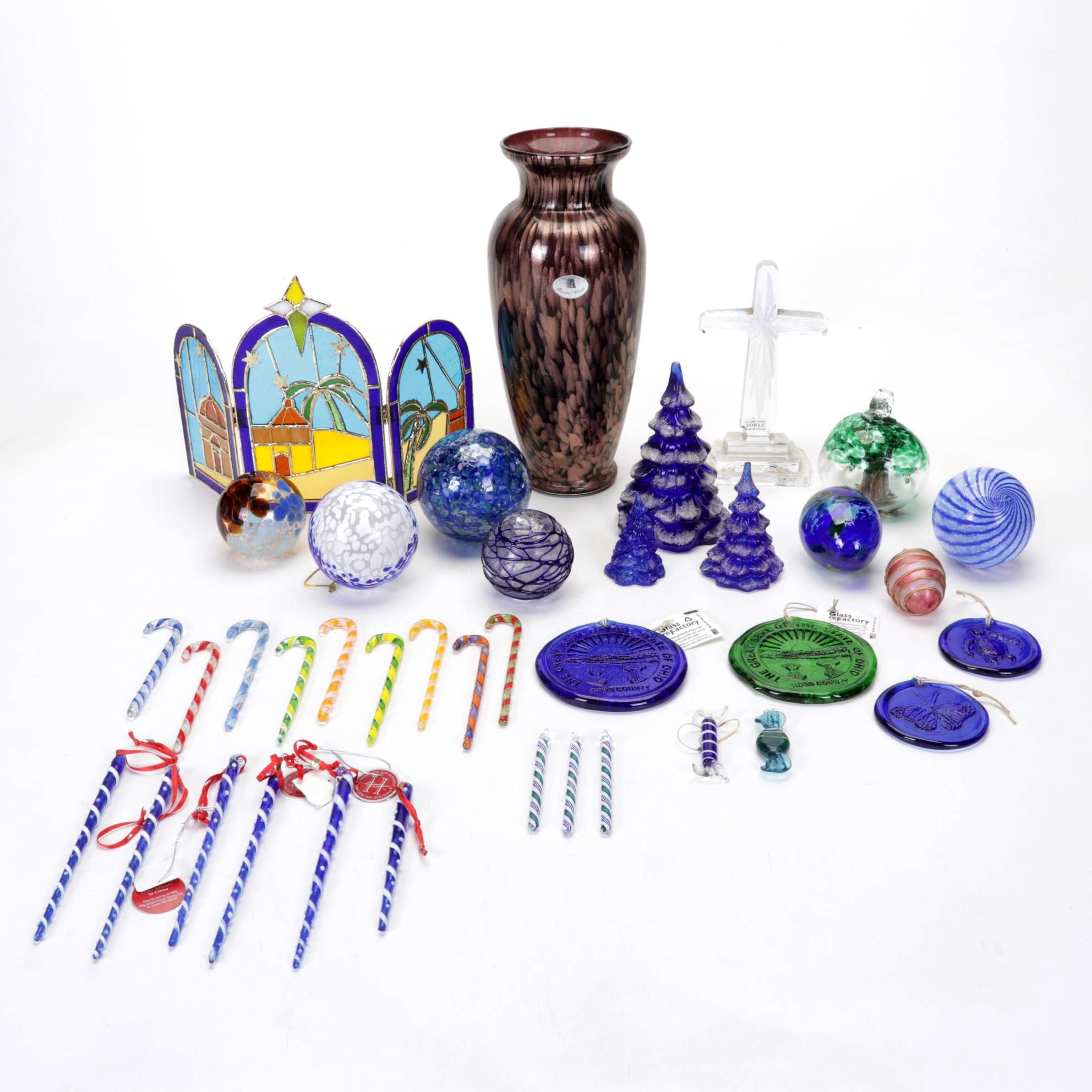 Fenton Cobalt Glass Christmas Trees, Towle Cross, Maestri Vetrai Vase, and More