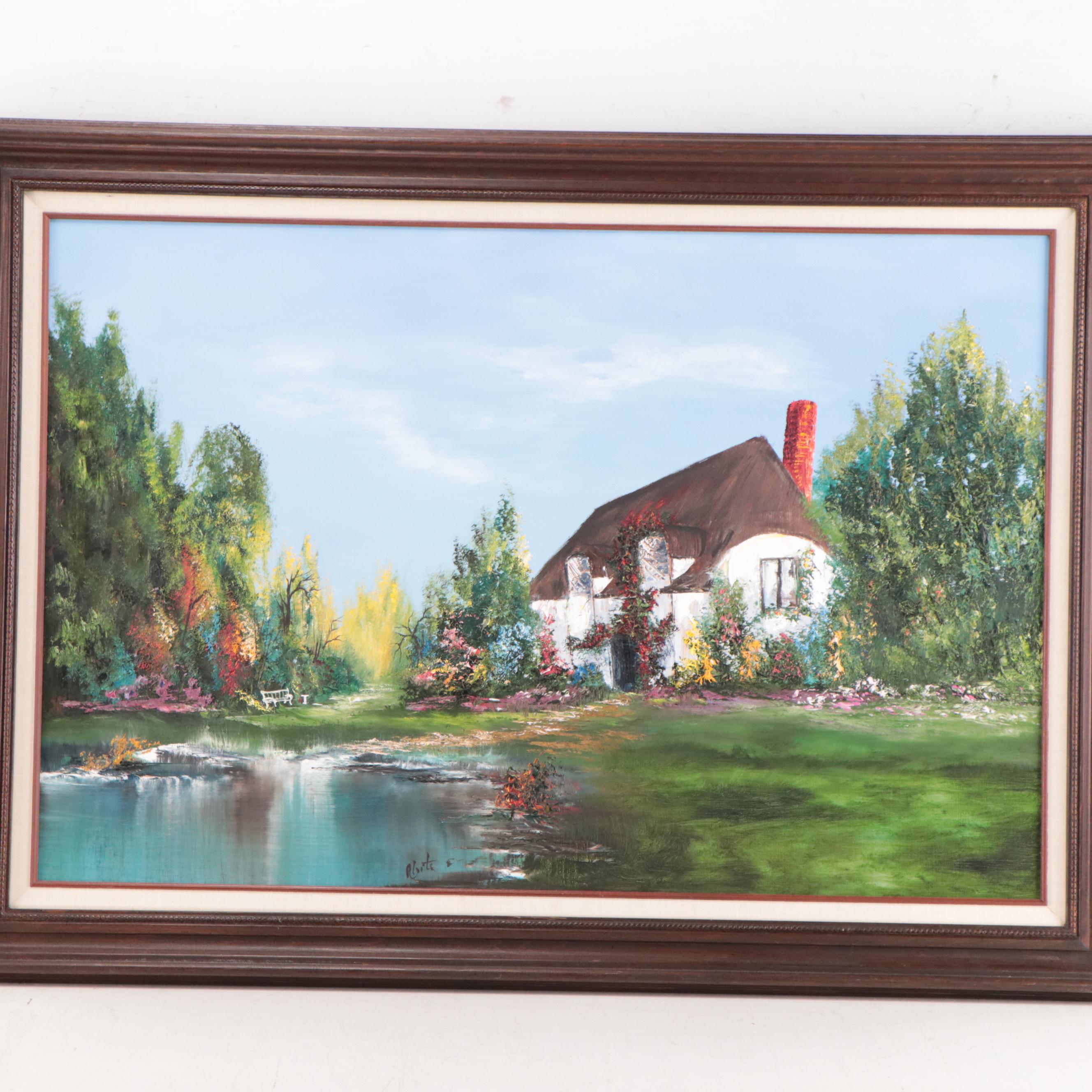 Oil Painting of Cottage In Verdant Landscape