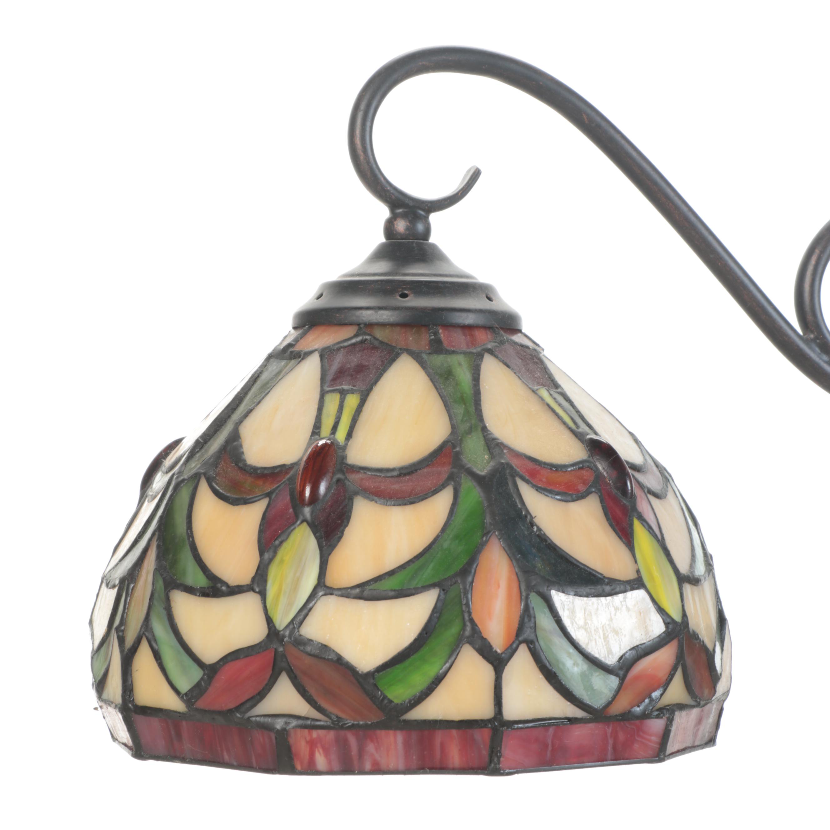 Slag Glass and Scrollwork Island Three-Pendant Light Fixture
