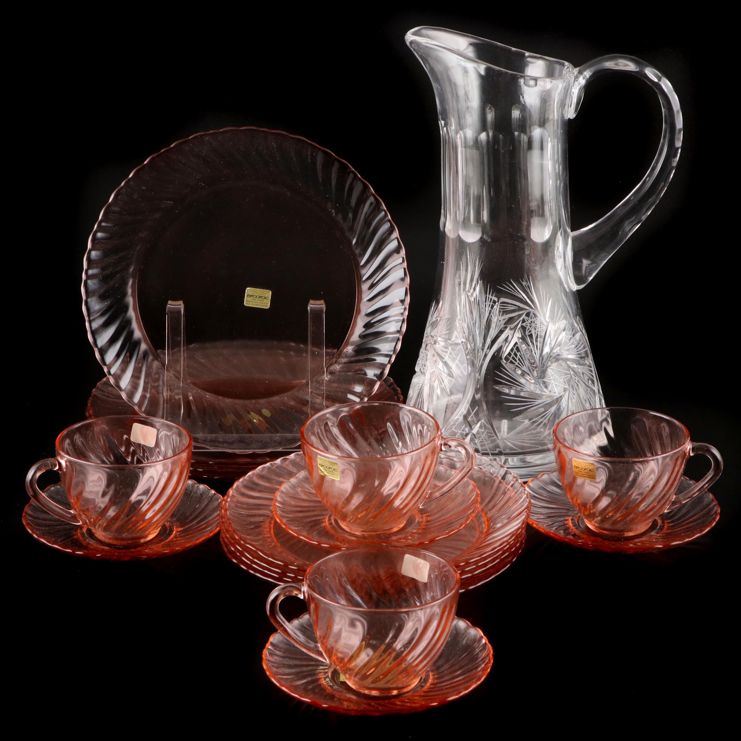Arcoroc Vaisselle Rosaline Glass Dinnerware Set with Cut Crystal Pitcher