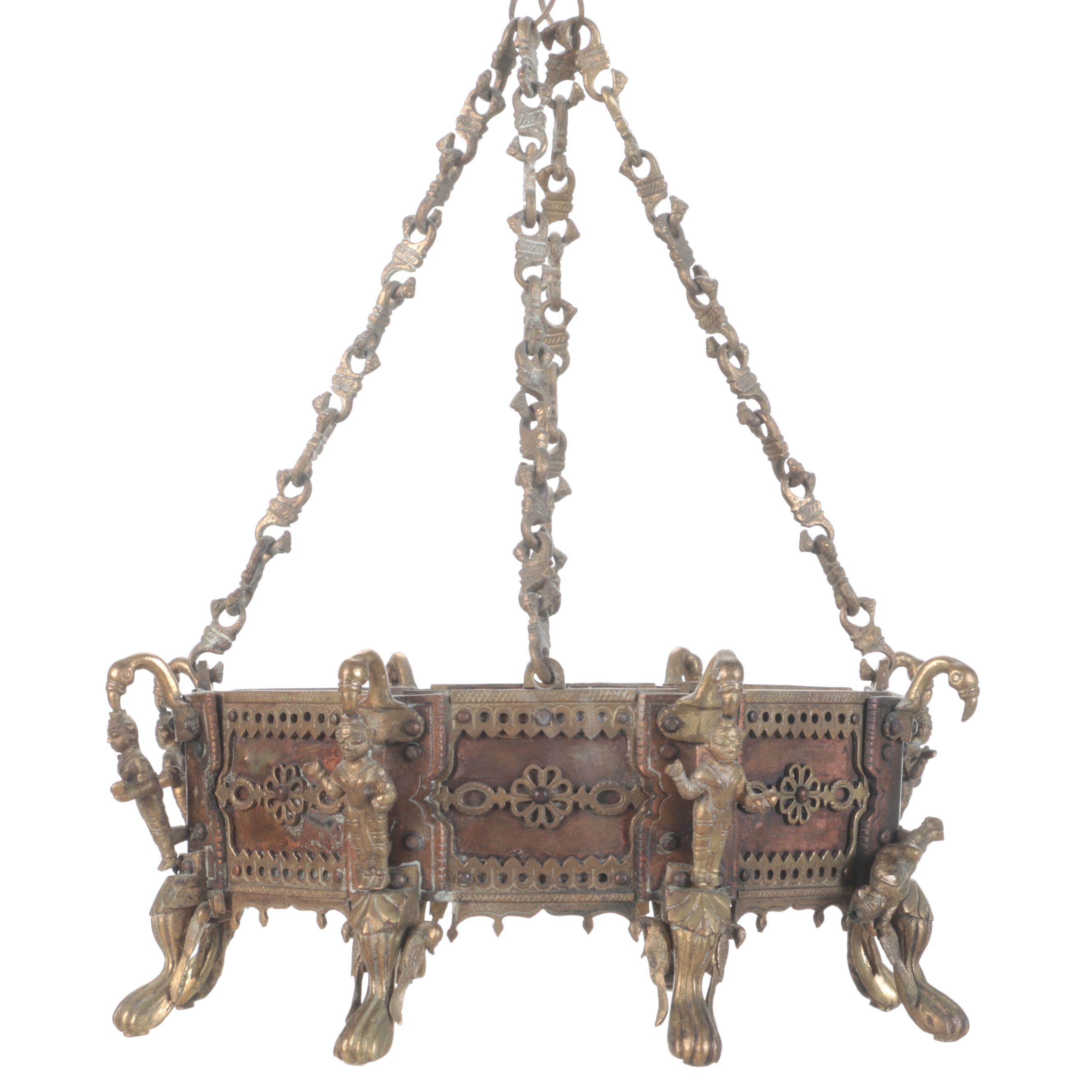Tiger Indian Brass and Copper Hexagonal Hanging Brazier Planter