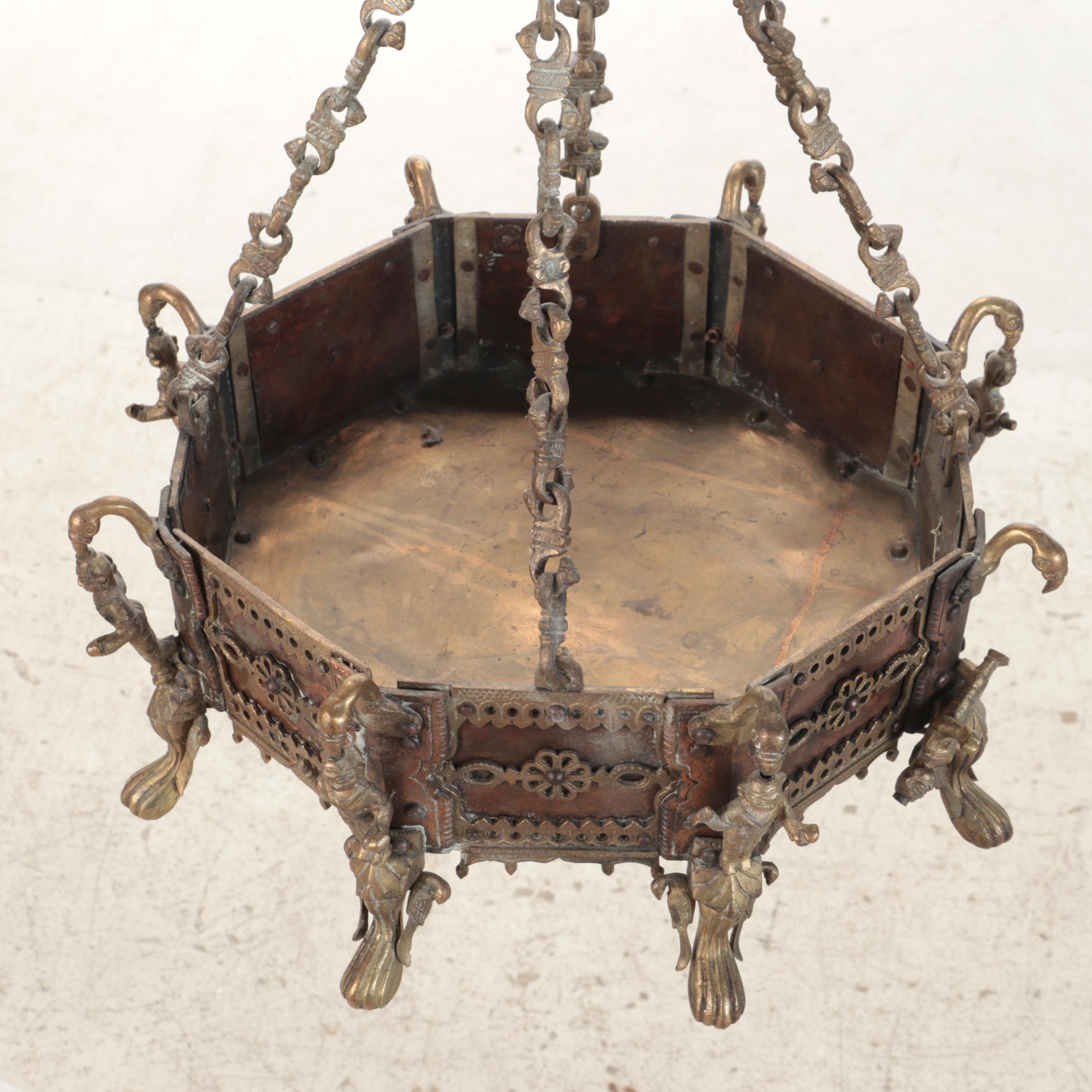 Tiger Indian Brass and Copper Hexagonal Hanging Brazier Planter