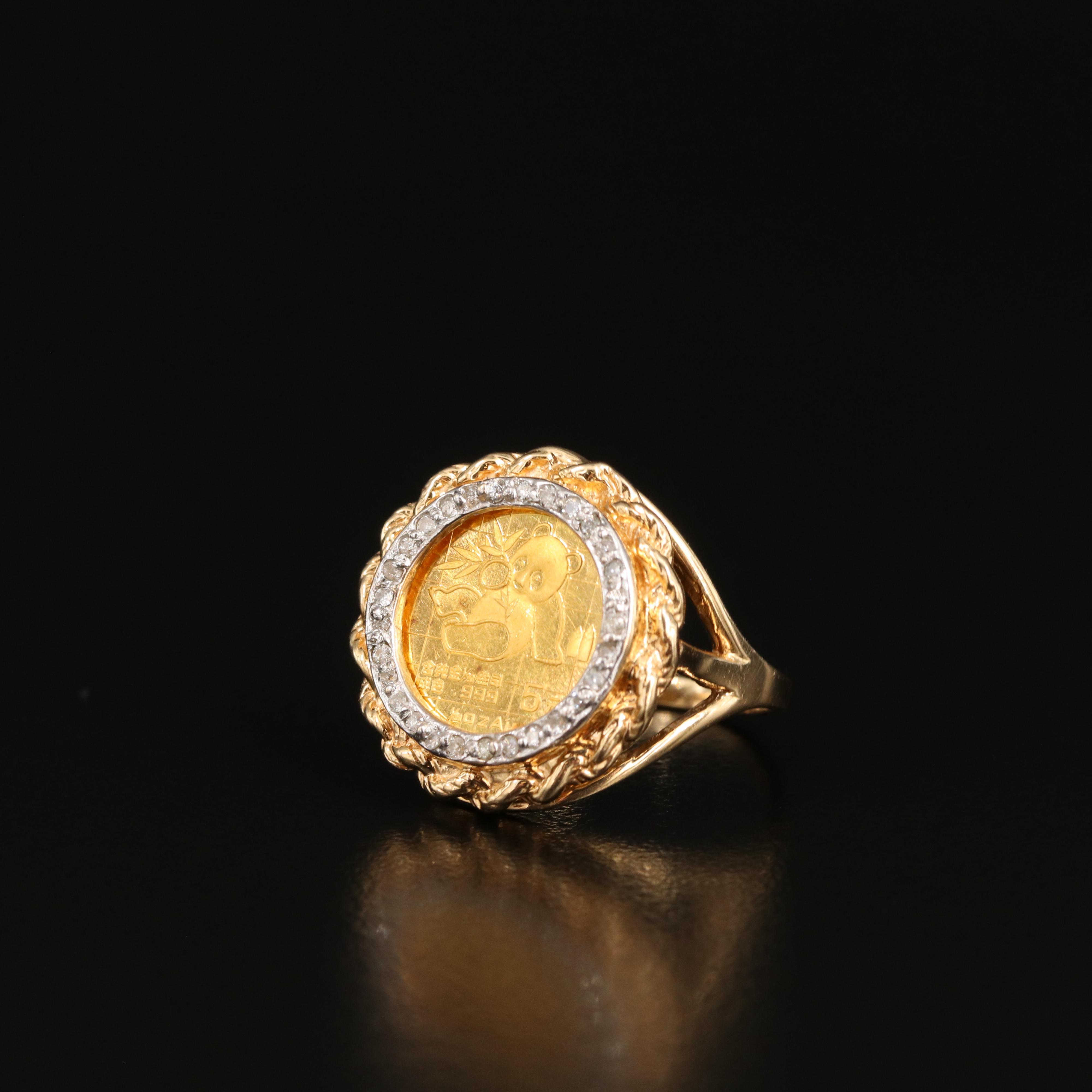 14K 0.18 CTW Diamond Ring with 1989 China 5-Yuan Gold Panda Bullion Coin